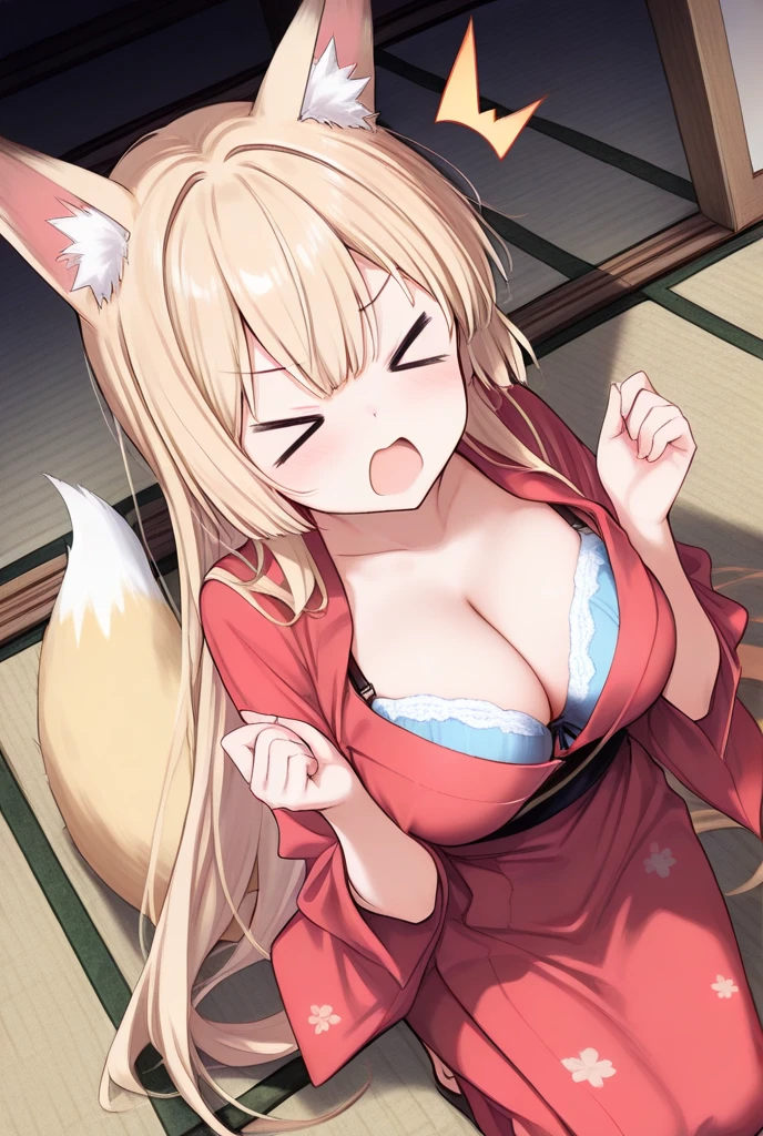 (masterpiece),(best quality),very aesthetic,(ultra-detailed),(illustration),nsfw,1girl,30yo,curvy,huge breasts,tall,stout build,bewitching,(blonde fox ears),lewd,(a fox tail),(blonde hair,short hair,messy hair),disheveled hair,(brown eyes),beautiful face,detailed dark green revealing kimono with lace accents,highleg leotard,(cameltoe:0.5),bare shoulders,half undress,light pink nipples,torogao,saliva,(scar on cheek,scar on breasts:1.2),(half-closed eyes:0.7),vulgarity,naughty face,lying,on back,spread legs,hand on cheek,on futon,japanese room,indoors,Indirect lighting with beautiful wood grain,drunk,dusk sky,Lascivious atmosphere,fantasic atmosphere,cowboy shot,cum on breasts,(motion for orgasm),from above,(a hitachi magic wand is trembling),(POV male hands presses a hitachi magic wand against girl's cameltoe),POV,1man,intercouse with a man,POV male hands,(POV male hands holding a hitachi magic wand)