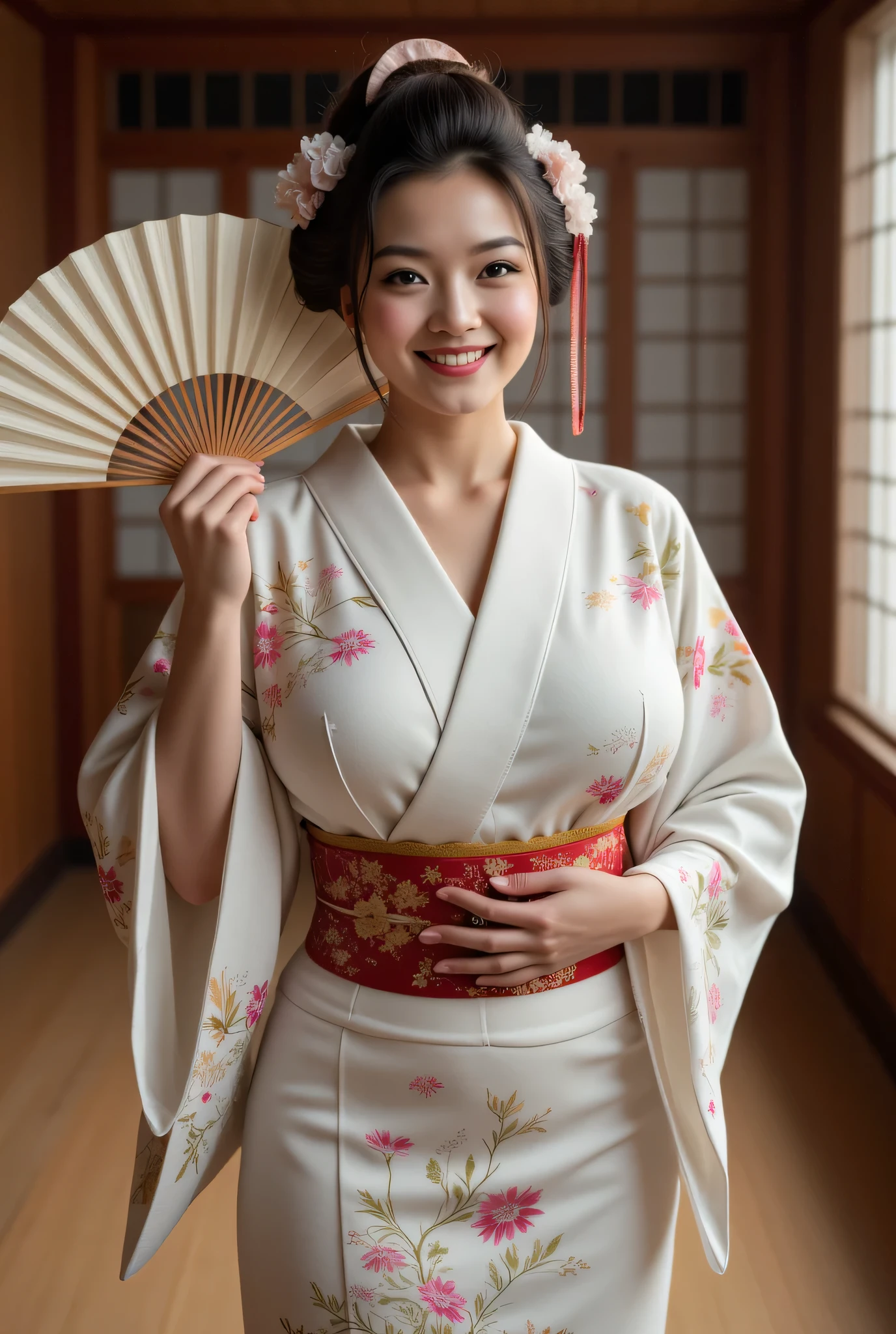**Prompt:** Create a symmetrically balanced wide-angle image that captures the essence of the ancient folk beautiful traditional oiran in ancient japan era. The focal point of the scene is a hyper-realistic busty and lively ancient courtesan geisha Japanese woman, portrayed as a folk busty chubb Japanese geisha. She exudes charm with a gentle blush and a warm smile, dressed in a beautifully shaped traditional Japanese kimono dress 👘 that accentuates her figure, complemented by an elegantly tied obi. In her hand, she gracefully displays a large, intricately designed folding fan that catches the light, enhancing the richness of the image. The composition features wide central leading lines, drawing the viewer's eye into the magnificent interior of an ancient Japanese palace, adorned with traditional architecture. The soft lighting envelops the scene, providing a full depth of field that brings the details to life—from the shiny texture of her hair to the realistic depiction of her hands with accurately portrayed fingers. The artistic style draws inspiration from modeling photography, with influences from platforms like ArtStation and DeviantArt, creating an ultra-realistic 3D computer graphics vibe infused with elements of silkPunkAi artwork for lifelike texture depth. The image should be rendered in 8K ultra high-definition quality to showcase every intricacy and detail, presenting a RAW photo-like experience that invites admiration and wonder. Keywords to emphasize: Tokugawa era, hyper-realistic, ancient Japanese woman, folk busty geisha, traditional kimono obi, intricately folding fan, ancient Japanese palace, soft lighting, modeling photography, ultra high-definition, lifelike texture depth.