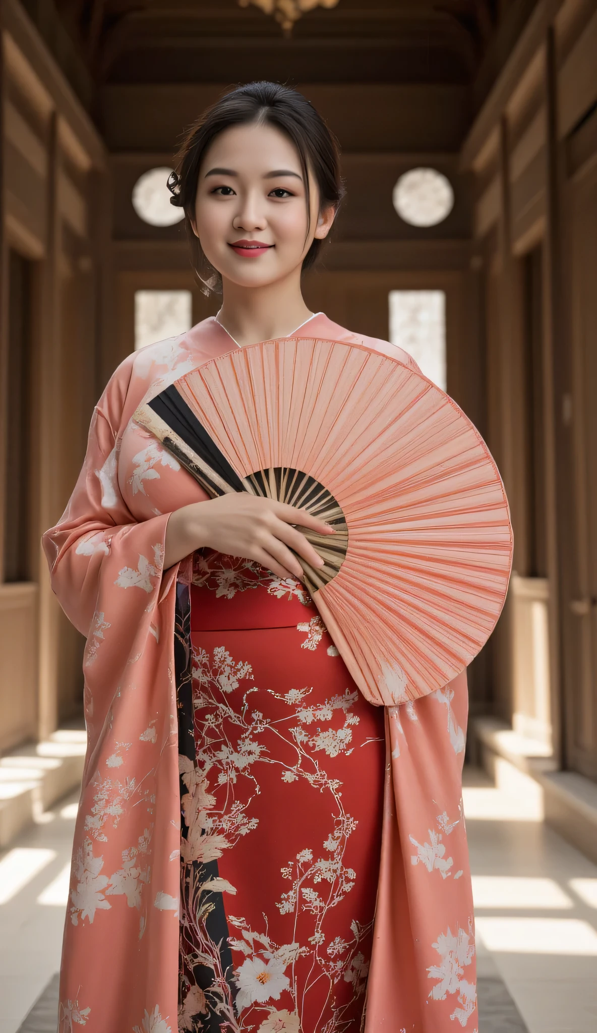 **Prompt:** Create a symmetrically balanced wide-angle image that captures the essence of the ancient folk beautiful traditional oiran in ancient japan era. The focal point of the scene is a hyper-realistic busty and lively ancient courtesan geisha Japanese woman, portrayed as a folk busty chubb Japanese geisha. She exudes charm with a gentle blush and a warm smile, dressed in a beautifully shaped traditional Japanese kimono dress 👘 that accentuates her figure, complemented by an elegantly tied obi. In her hand, she gracefully displays a large, intricately designed folding fan that catches the light, enhancing the richness of the image. The composition features wide central leading lines, drawing the viewer's eye into the magnificent interior of an ancient Japanese palace, adorned with traditional architecture. The soft lighting envelops the scene, providing a full depth of field that brings the details to life—from the shiny texture of her hair to the realistic depiction of her hands with accurately portrayed fingers. The artistic style draws inspiration from modeling photography, with influences from platforms like ArtStation and DeviantArt, creating an ultra-realistic 3D computer graphics vibe infused with elements of silkPunkAi artwork for lifelike texture depth. The image should be rendered in 8K ultra high-definition quality to showcase every intricacy and detail, presenting a RAW photo-like experience that invites admiration and wonder. Keywords to emphasize: Tokugawa era, hyper-realistic, ancient Japanese woman, folk busty geisha, traditional kimono obi, intricately folding fan, ancient Japanese palace, soft lighting, modeling photography, ultra high-definition, lifelike texture depth.