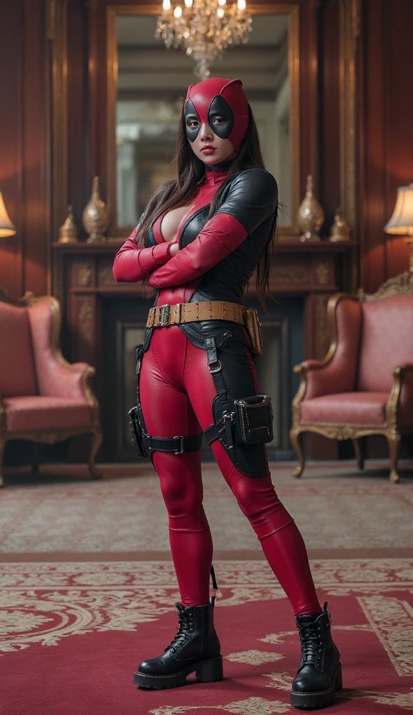 (（（Perfect body,White and tender skin,（（（BodySuit_lady_deadpool_ownwaifu，bodysuit, skin tight, superhero, Belt Pouch, utility belt, red bodysuit, gloves, weapon on back, thigh pouch, thigh strap, thigh holster, belt buckle, turtleneck, ）））,（（（ailisha，Black long hair, super long hair, slanted bangs, brown eyes, red lips））），((masterpiece)),high resolution, ((Best quality at best)),masterpiece,quality,Best quality,（（（ Exquisite facial features,Looking at the audience,There is light in the eyes,Smile））），Open your hands,From the back，Plump buttocks）））,（（（Light and shadow,Huge breasts，）））,（（（Looking at the camera,black background,)））),