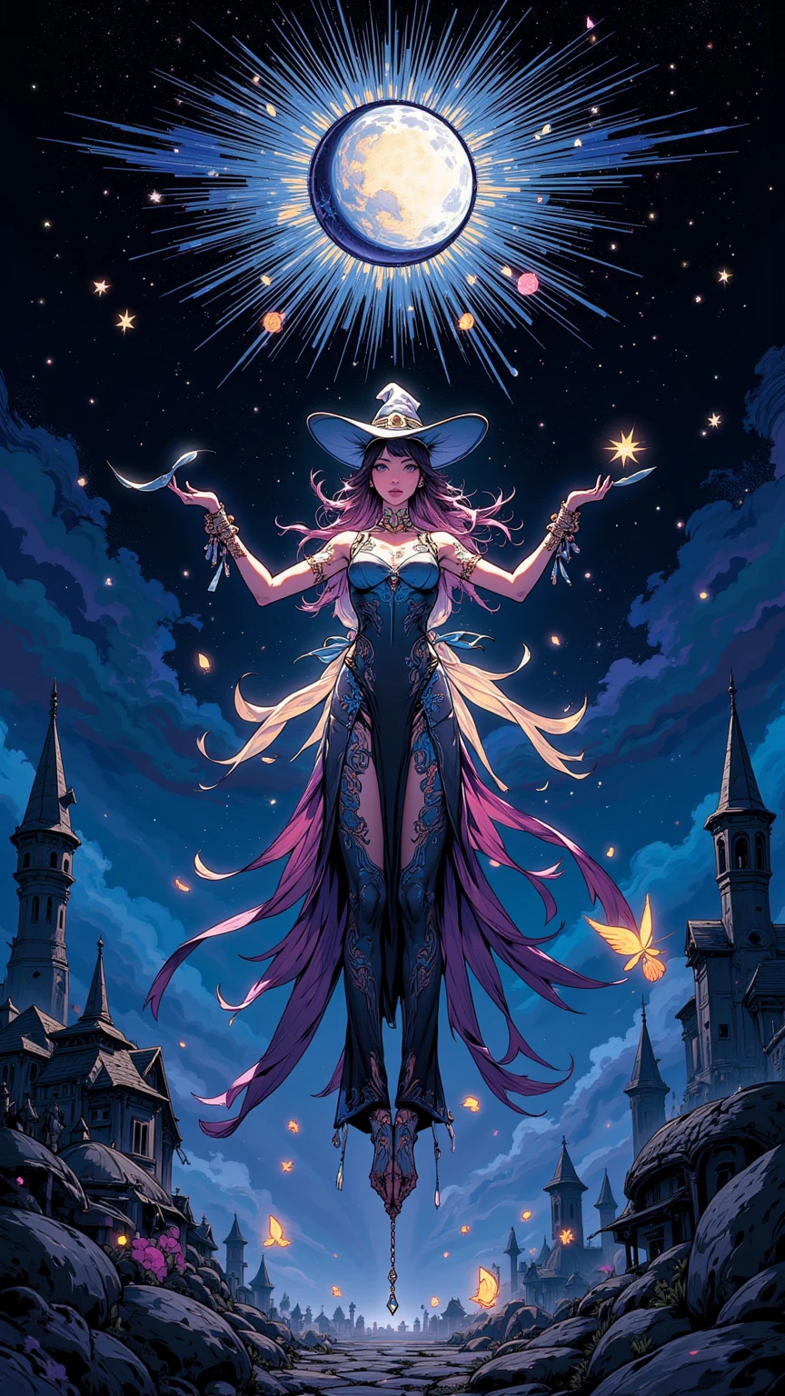 masterpiece, best quality, 1beautiful rich women with rainbow hair, big Which hat, a black cat on her right shoulder, holding the broom on her left hand, wild hair, mane,