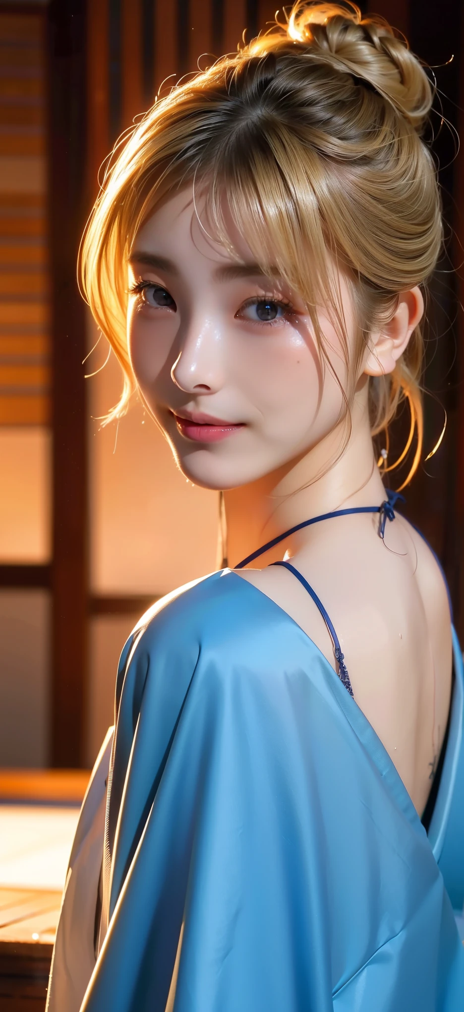 (((Night street situation:1.5, from below:1.3))), photorealistic, (8k, RAW photo, best quality, masterpiece:1.2), High detail RAW color photo, professional photograph, cowboy shot, (realistic, photo realistic:1.37), cinematic light, (finery detailed face:1.2), white skin, real human skin, (detailed face), oval face, pores, ultra high res, BREAK, thigh 1girl, elegant beauty:1.37, very cute, very beautiful, photo realistic, Beauty event companion, 38-48 years old:1.37, curby:1.15, (medium-breast:1.37, cleavage:1.37), (looking straight at viewer with a serene and goddess-like happiness:1.2), (beautiful thin hair, shiny-blonde hair, twin-buns hair style:1.3), (lifter gloss, eyelashes, gloss-face, best quality, ultra highres, Broad lighting, natural shading), BREAK, (seductive look, (gorgeous royal blue Chinese clothes:1.3, detailed satin clothes1.3)), BREAK, ((detailed expression:1.3, shy, light smile:1.3, happy;1.3, closed mouth:1.3, blush, in heat, presenting)), BREAK, ((Night street view:1.5, indoor, night, star, starry, moody lighting:1.5, cinematic light)), ((standing, sexy random posing:1.3, arms behind back:1.3, armpit focus)), blurry background, bokeh, depth of field, (cowboy shot:1.3), centered image, perfect anatomy, perfect proportion,