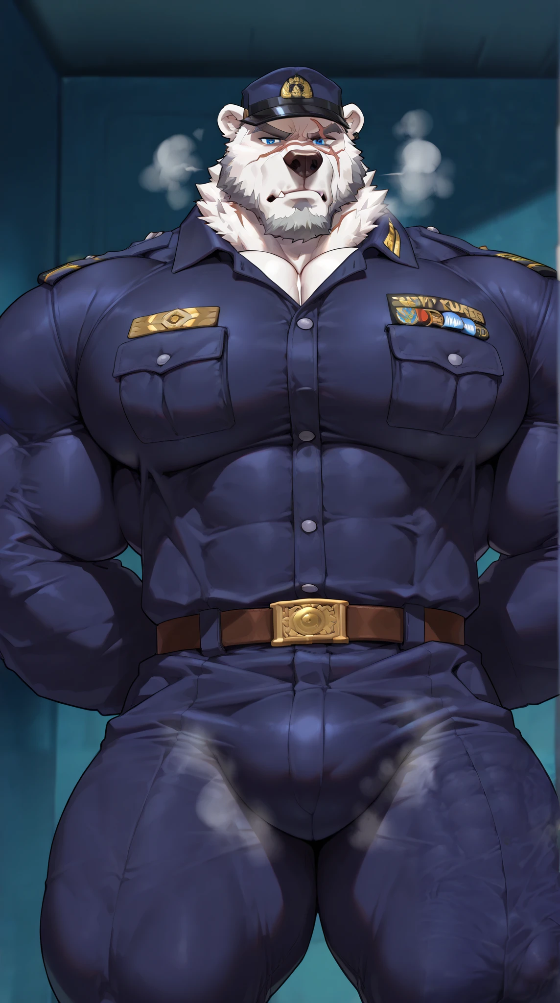 full body portrait, strong burly hairy mature older man(space captain), wearing futuristic captain's uniform insignia (neon and black) (open and revealing) (latex) , gray hair, broad shoulders, round belly, thick feet, bulging micro thong, barefoot, scifi spaceship captain uniform, neon lights, best quality elegant masterpiece, military buzzcut, dark mustache, gray stubble, latex, wearing a latex thong, big bulging crotch, futuristic gear equipment, wearing see through plastic chest armor (neon yellow and electric blue), wearing neon yellow see through chest armor, wearing electric blue latex chaps(see-through) , wearing cool neon sneakers,in spaceship cockpit, lying in spaceship sleeping quarters(bed) (view from above), smiling with teeth showing, nicebulge, waiting in bed, glowing armor, legs up(!) and spread(!) , big muscle ass, hairy pecs, thick long legs, silver hair, 
