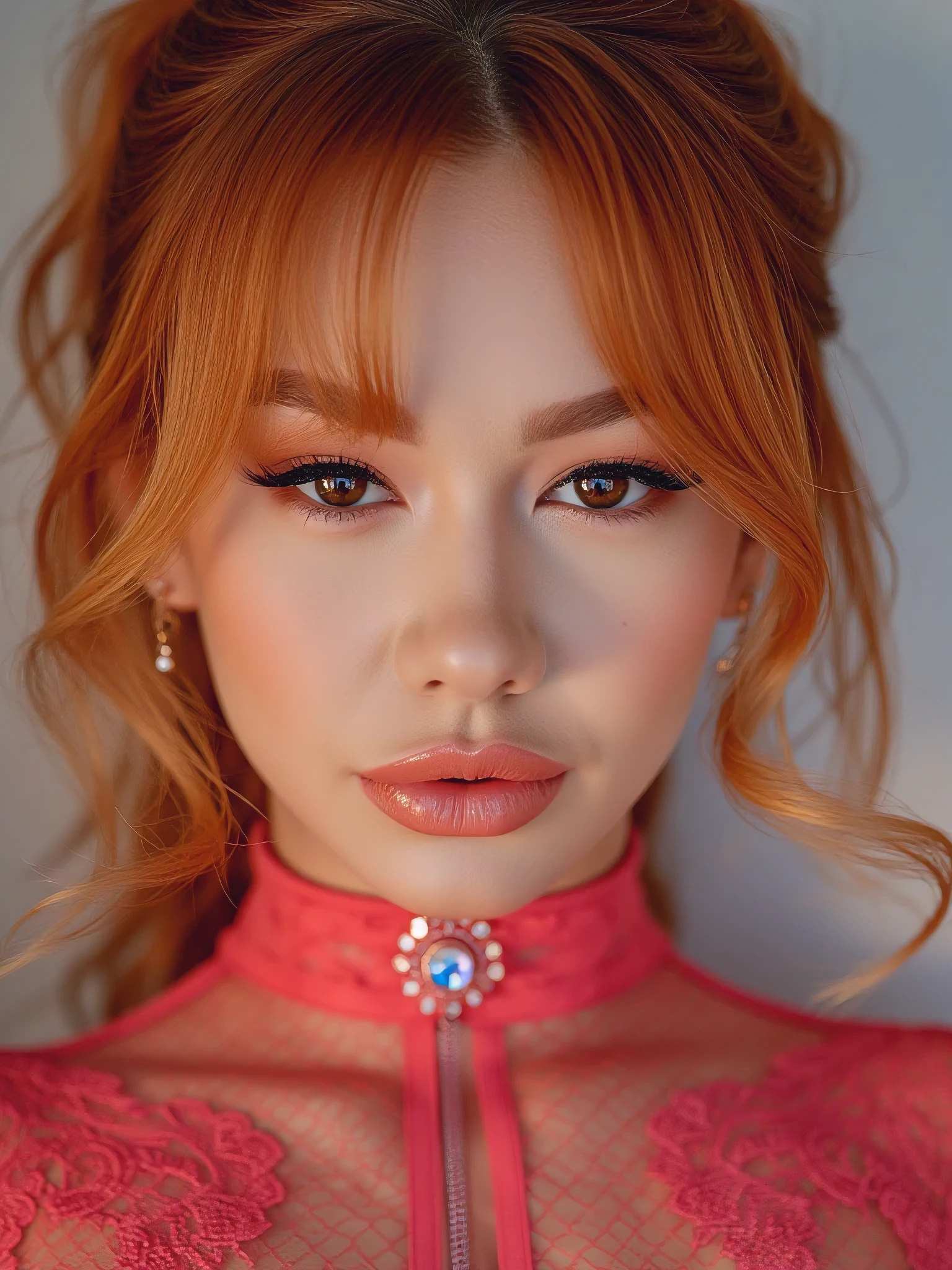 Realistic ((Photorealistic realism)), Hyper high resolution, ((Hyper insanel quality,epice masterciece, intricately detailed digital art)),((focus on extremely Realistic Proportion Body:1.3)),(portrait),((a cute and very beautiful, 1 Japanese, 20yo, famous Kpop idol:1.35)), (ultra realistic texture details: velvety skin, hair), ((sharp focus, no blurry eyes, Hyper absurd quality, Hyper details,Hyper realistic brown_eyes:1.4)),((extra narrow eyebrows)),(Carefully draw Long blue_mascara:1.33),(perfect round eyes)(finely detailed pupils,(extremely fine details pupils)),detailed lips:1.3,(apply glossy red_lipstick:1.3), (perfect proportions:1.2), (red bodysuit((lace fishnets, mesh stocking:1.3, intricately detailed))), ((wear pink cropped  intricately detailed :1.33)), ((((orange Hair:1.4)),Long orange Hair, slick two side up,Crossed bangs,between hair)), dslr, high quality split lighting, sharp focus captured by Fujifilm XT3, f 5.6,(perfect composition),((look at the viewer)), HDR, UHD, studio lighting, physically-based rendering, vivid colors,