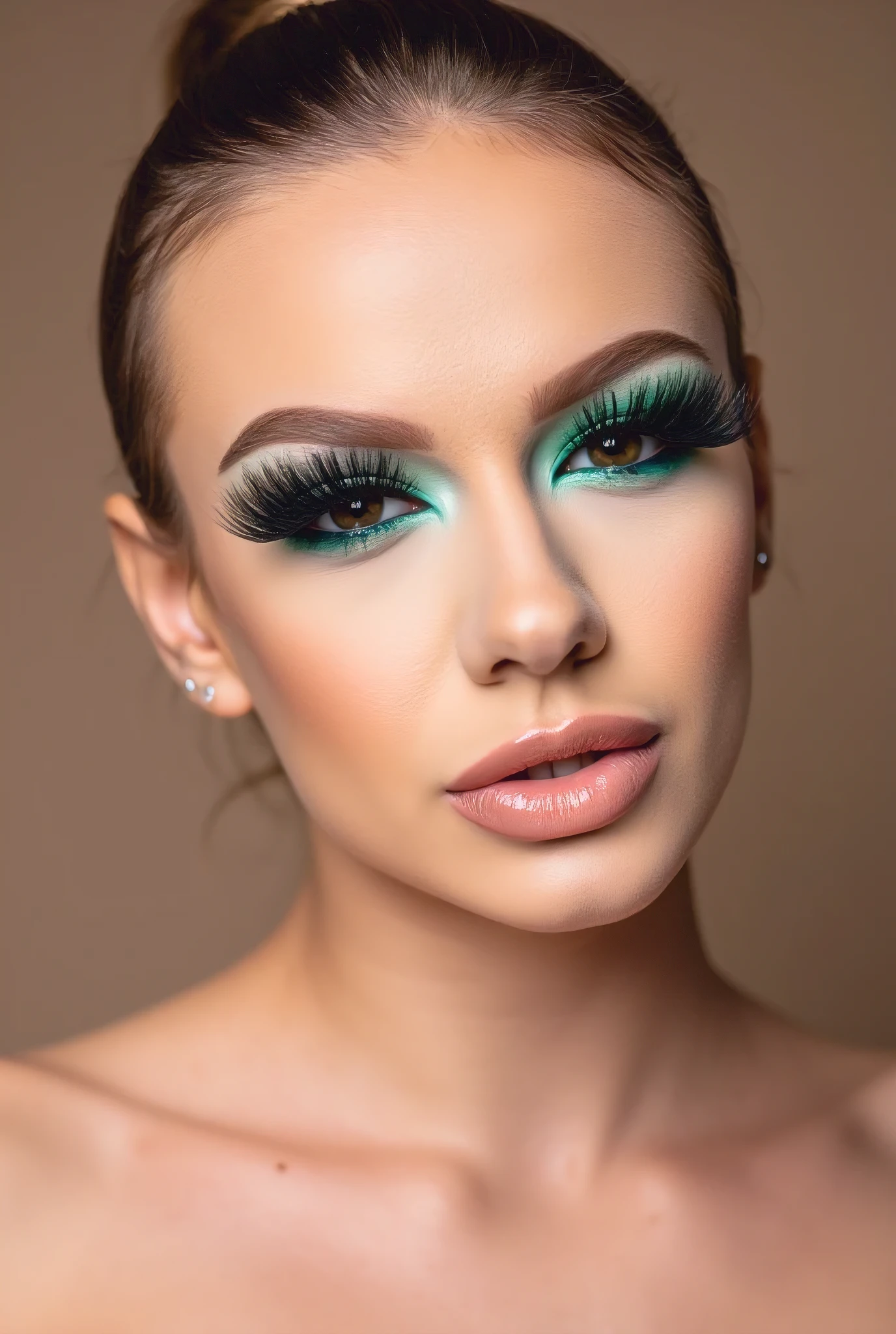Ultra-realistic beauty portrait...with perfectly defined brows and dramatically enhanced eyelashes that create a luxurious, fanned-out effect. The lashes are expertly applied, appearing incredibly natural yet glamorous, with individual lash strands varying in length and thickness to create a beautiful, textured volume. Each lash is precisely placed, creating a dense, feathered effect that gradually lengthens towards the outer corners of the eyes, with the longest lashes sweeping outward in an elegant curve. The lashes are intensely black and glossy, with a slight curl that opens up the eyes and adds depth to the turquoise eyeshadow. The application technique creates multiple layers of lashes that appear both full and weightless, with immaculate separation between each lash that maintains a natural, albeit dramatic, appearance...
The makeup artistry is bold and editorial, with vibrant turquoise eyeshadow expertly applied in a dramatic wing shape, complemented by perfectly defined brows and long, sweeping lashes. The eyes are enhanced with precise liner work that extends the blue tones, creating an intense and captivating gaze. Her complexion is flawless with a luminous, porcelain-like quality, featuring subtle highlighting and a soft pink flush on the cheeks that adds warmth and dimension. The look is completed with glossy, hot pink lips that perfectly balance the bold eye makeup.
The lighting is soft and diffused, creating a dreamy atmosphere with subtle shadows that enhance the model's facial features. The background is a neutral taupe gradient that complements the pastel color story while maintaining focus on the subject. Shot with a high-end beauty photography setup, likely using a medium format camera with beauty dish lighting to capture every detail with crystal clarity. The image has a high-fashion magazine quality with professional retouching that maintains skin texture while perfecting the overall finish.