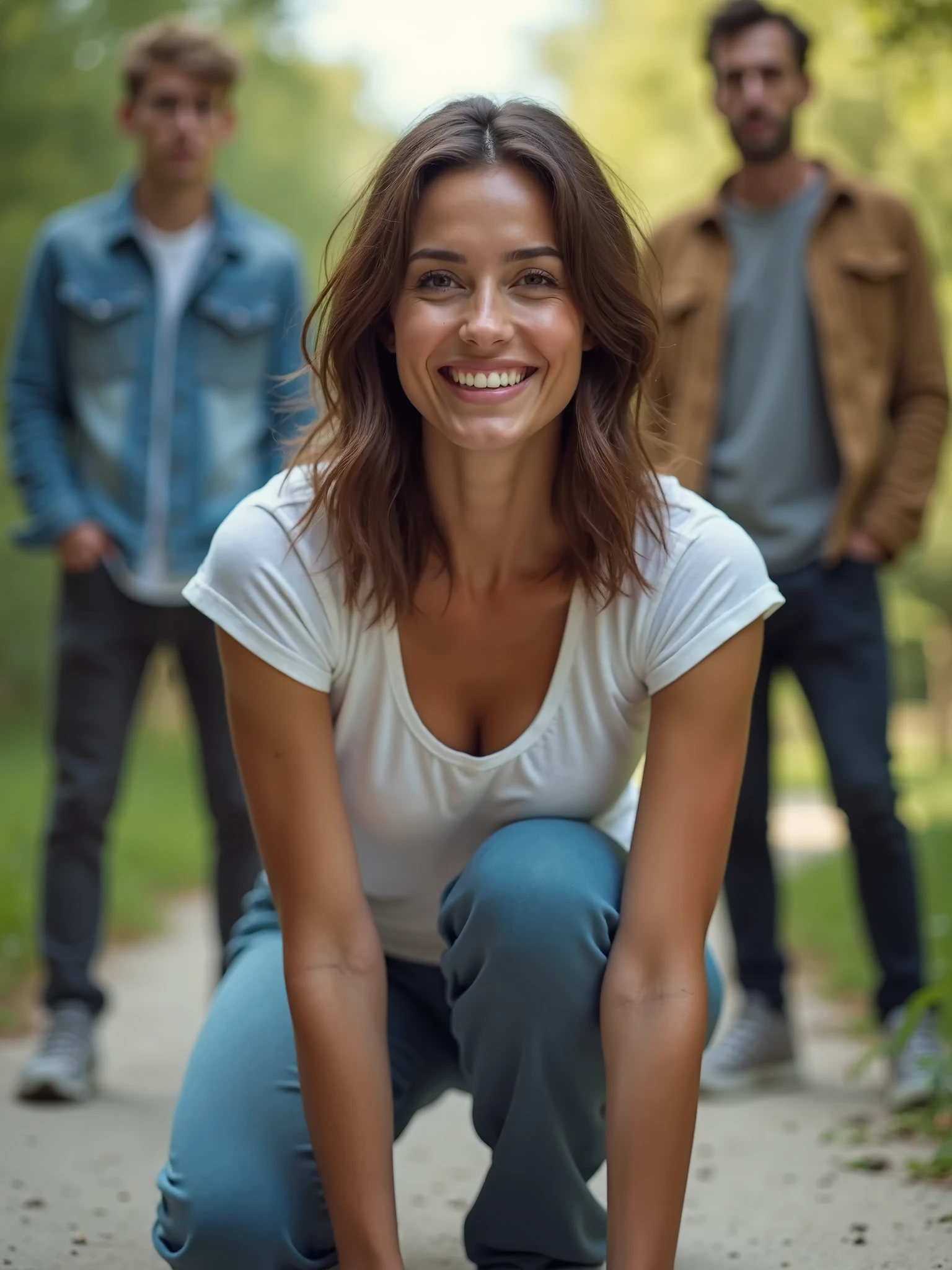 black hair, White skinned, black sweatpants, barefoot, braless woman having picnic with male friends.
