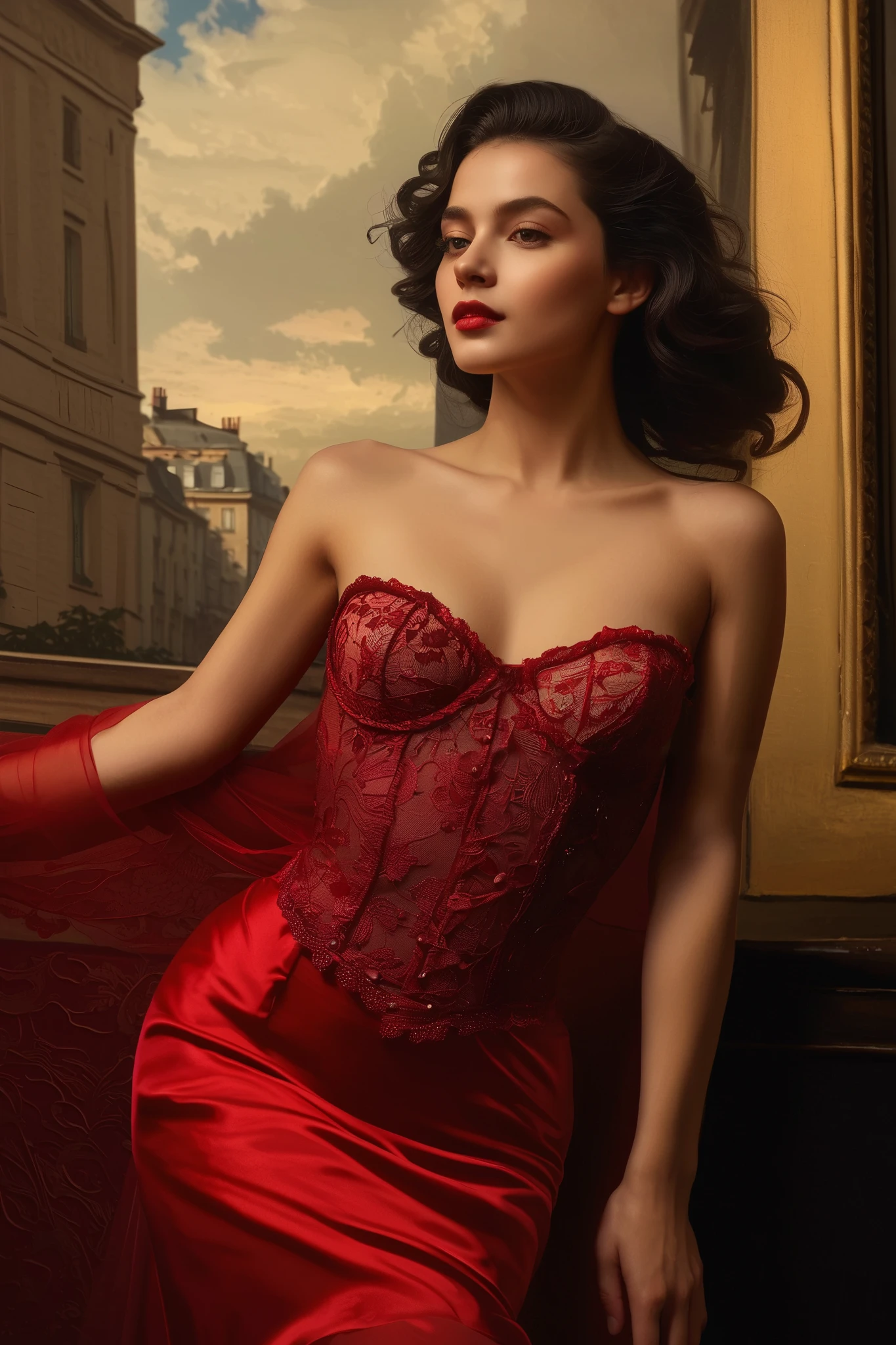 ( High definition , Masterpiece :1.2),( realistic :1.37)"( Luchshee Kachestvo,  High definition ,  ultra-detailed ,  realistic ) the subdued atmosphere of nineteenth-century Paris, amidst the clouds of cigar smoke and the sweet sounds of live music, there is a captivating figure — a naked seventeen-year-old cabaret dancer. It radiates an aura of appeal and elegance, capturing the essence of a bygone era. The whole body

With a mysterious smile, playing on her lips, she looks into the distance with her eyes, Sparkling,  like diamonds , reflecting the flickering candlelight. her delicate features framed by cascading black curls, in the style of the fashion of the time, adorned with a single, Scarlet Rose, nested among the dark waves.

Clad in silken fabrics, which, Seems, shimmering with each graceful movement, She embodies both youth, and refinement. The curves of her slender figure are accentuated by the exquisite lace and satin of her costume, testament to the meticulous craftsmanship of Parisian fashion.

in her restrained pose, there is a hint of defiance, mixed with vulnerability - a young woman, surmounting the complexities of life in a bustling metropolis. Still, under the surface , скрывается spirit, untamed, spirit, who finds freedom in the rhythm of the dance, and solace in the whispering secrets of the night.

Captured in brushstrokes, which вызывают романтику и таинственность парижской кабаре-культуры,  this portrait commemorates a fleeting moment of youth and beauty — a testament to the timeless appeal of the Belle Epoque.





