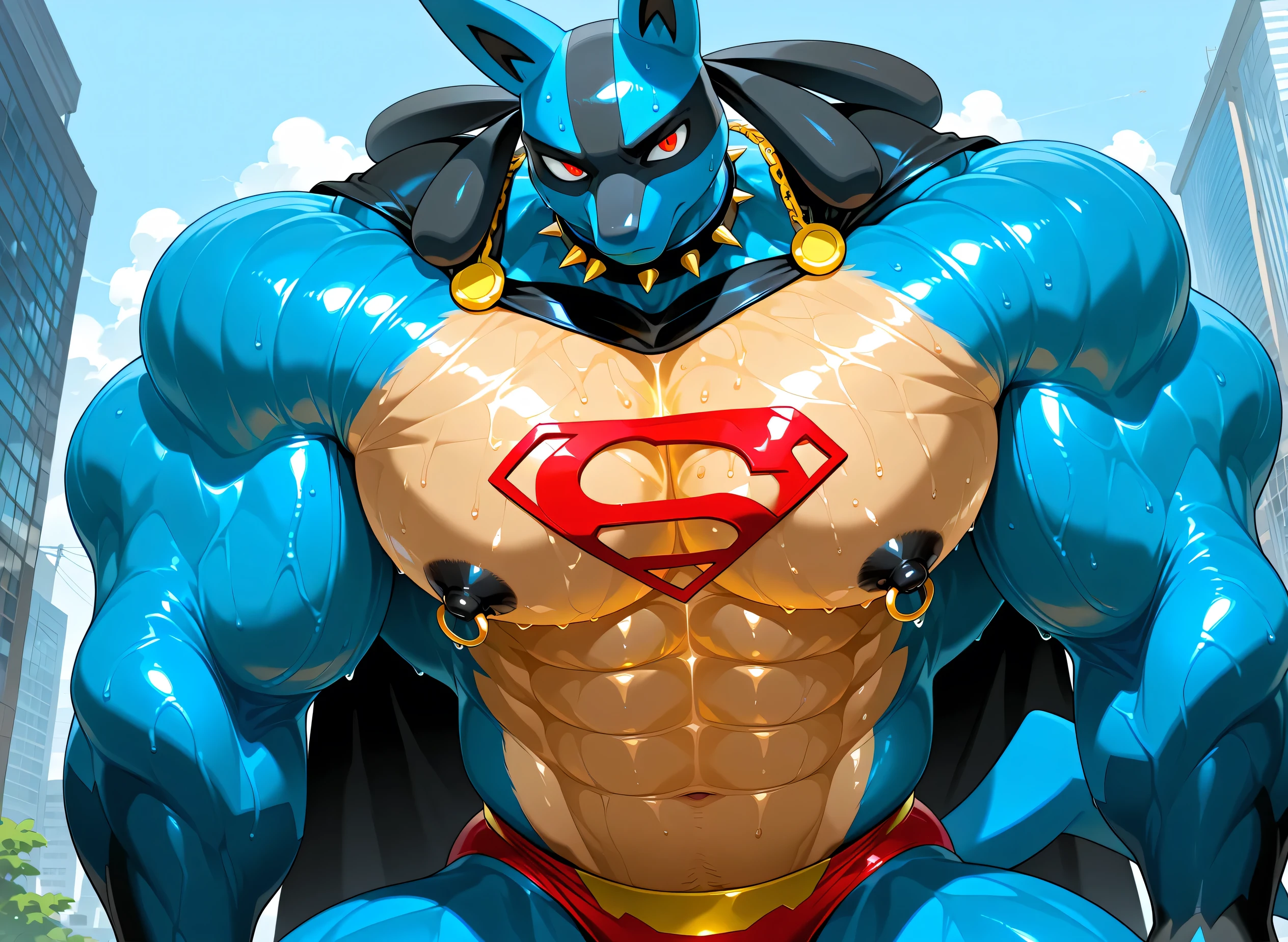 kemono, by null-ghost, by zixiong, solo, male, tail, Lucario, anthro, black nipples, big nipples, gold nipple rings, sweaty, handsome, broad shoulders, broad chest, huge muscular, posing, thick neck, thick arms, blue arms, pectorals crushing city, looking at viewer, furious, macro, city, buildings, wearing gold chains around neck, wearing a spiked collar on his neck, wearing superman outfit, superman symbol on center of chest, black cape, detailed background, sweaty, very low view, close shot of face, body fills frame, BREAK score_9_up,score_8_up,score_7_up,score_6_up,score_5_up,score_4_up