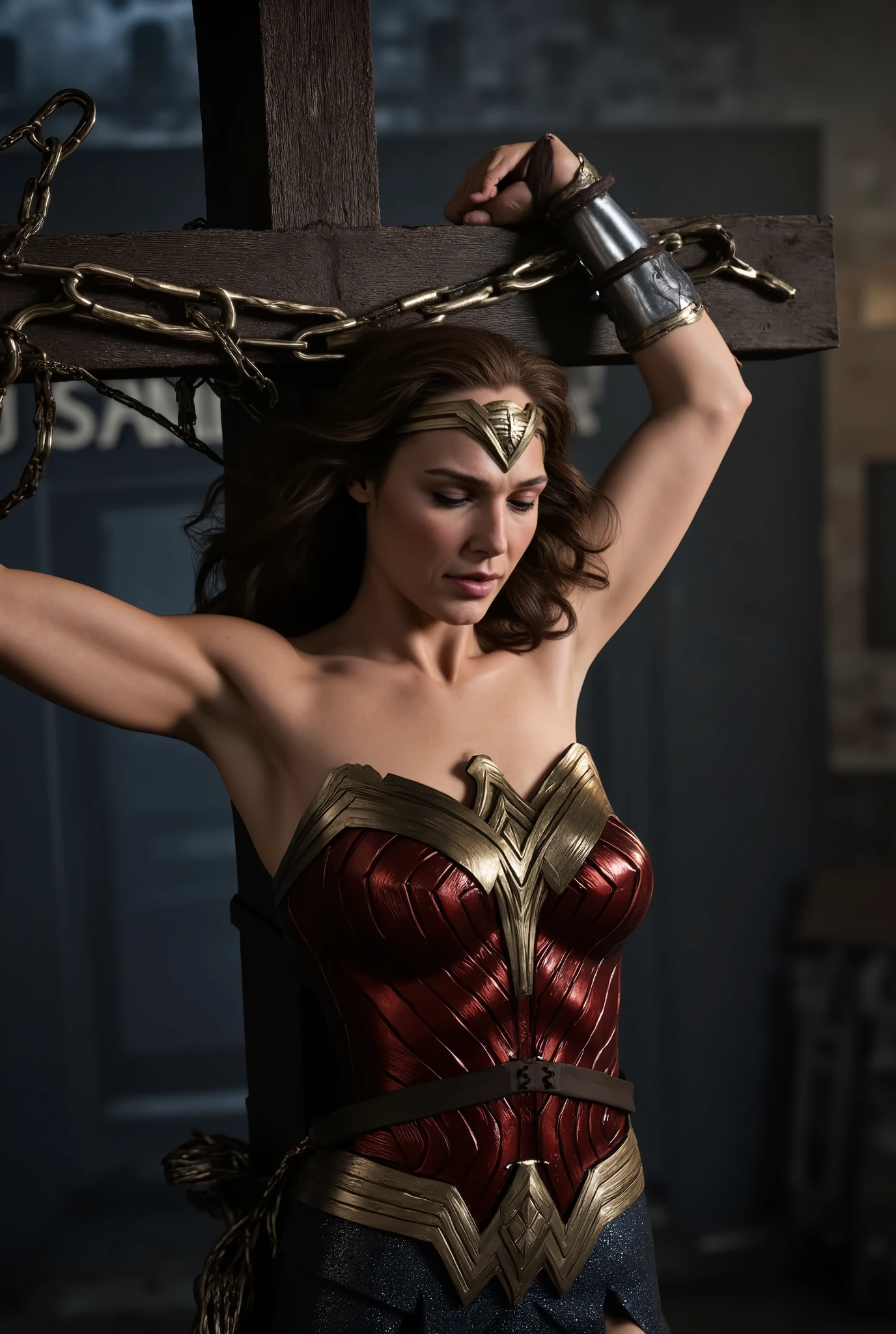 Gal Gadot is Wonder woman, a Wonder woman is crucifixion on the cross, a very beautiful face, very bright white skin, brown hair, she is unconsciousness, sleep, eyes close, never smile, bound arms to the cross by chain, a lot of chains bound tighten on her arms, painful face, Excruciating pain face, photorealistic, hyper realistic, whole body visible, in the night, in the Nazi underground prison,