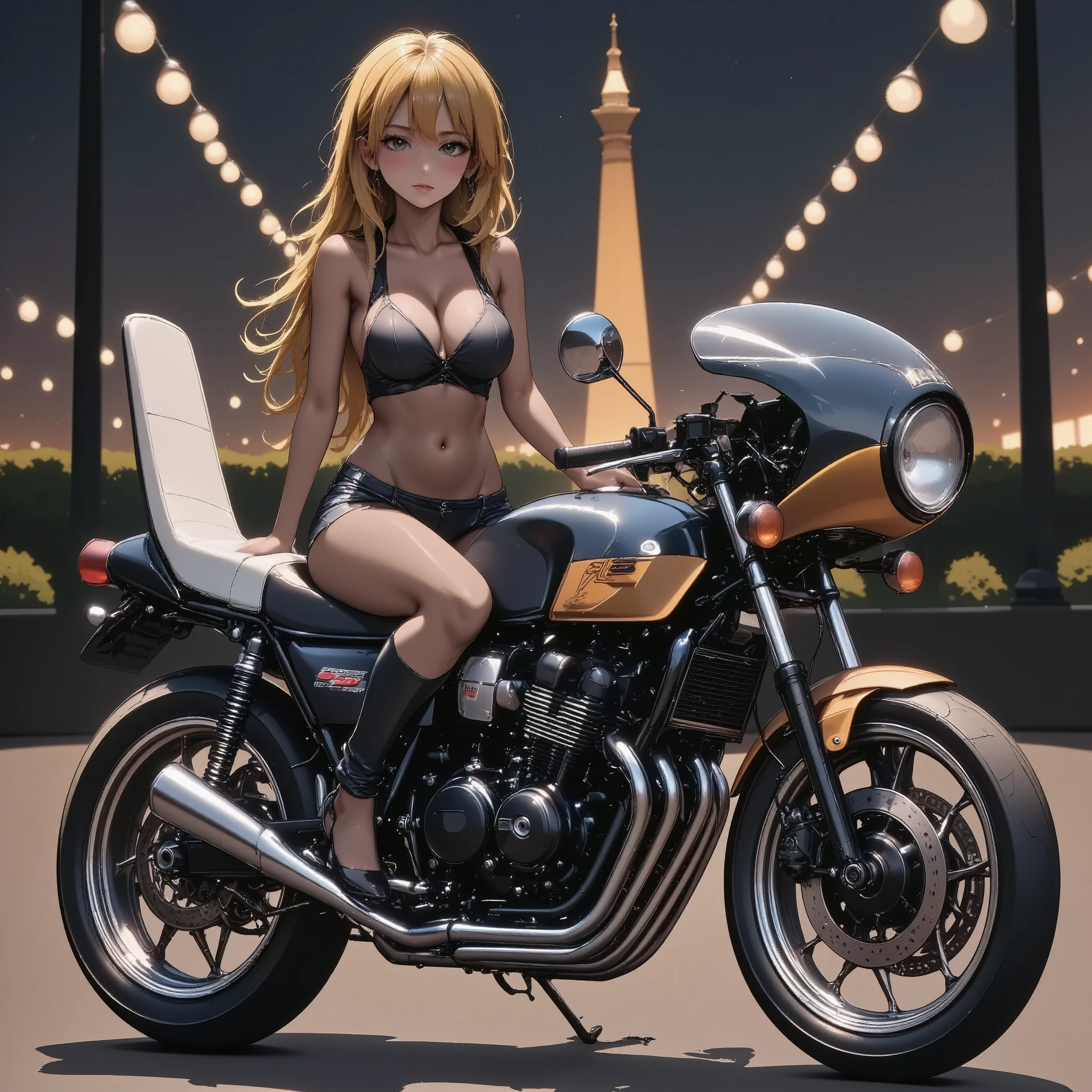 A beautiful woman riding a motorcycle + Honda CBX400F tuned by a cafe racer + matte brown skin + rocket cowl 、 top quality, Masterpiece, anatomically correct, top quality, Textured Skin , Movie Light Effects ,