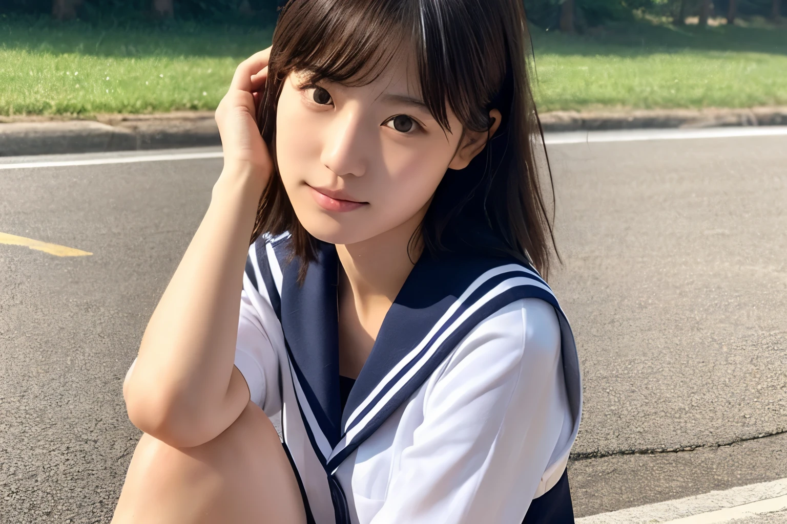 (Sexy pose),

(Highest quality, 8k, 32K, masterpiece, Ultra-high resolution:1.2), Cute Japanese Girl, (Huge breasts:1.0), Short black hair, bangs,Idol,Natural Makeup,(school uniform),(Japanese Sailor Suit),(Pleated skirt), (Outdoor, garden, blue sky),(high school girl),(Upper body close-up)、