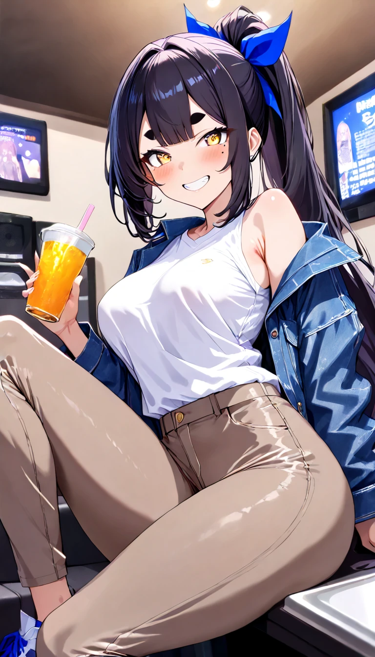 score_9, best quality, masterpiece, uncensored, source_anime
BREAK
1girl, animal ears, arm up, bandaid, bandaid on knee, bandaid on leg, blue eyes, blue shorts, blush, breasts, brown hair, clothes removed, crossed bandaids, crossed legs, cup, disposable cup, feet out of frame, holding, holding cup, horse ears, horse girl, horse tail, indoors, long hair, looking at viewer, one eye closed, open mouth, outstretched arm, ponytail, shirt, short shorts, shorts, sitting, sleeveless, sleeveless shirt, small breasts, smile, socks, solo, sports bra, tail, teeth, tied shirt, upper teeth only, washing machine, white shirt, white socks
<lora:yeun_pony_v1-000006:0.8>