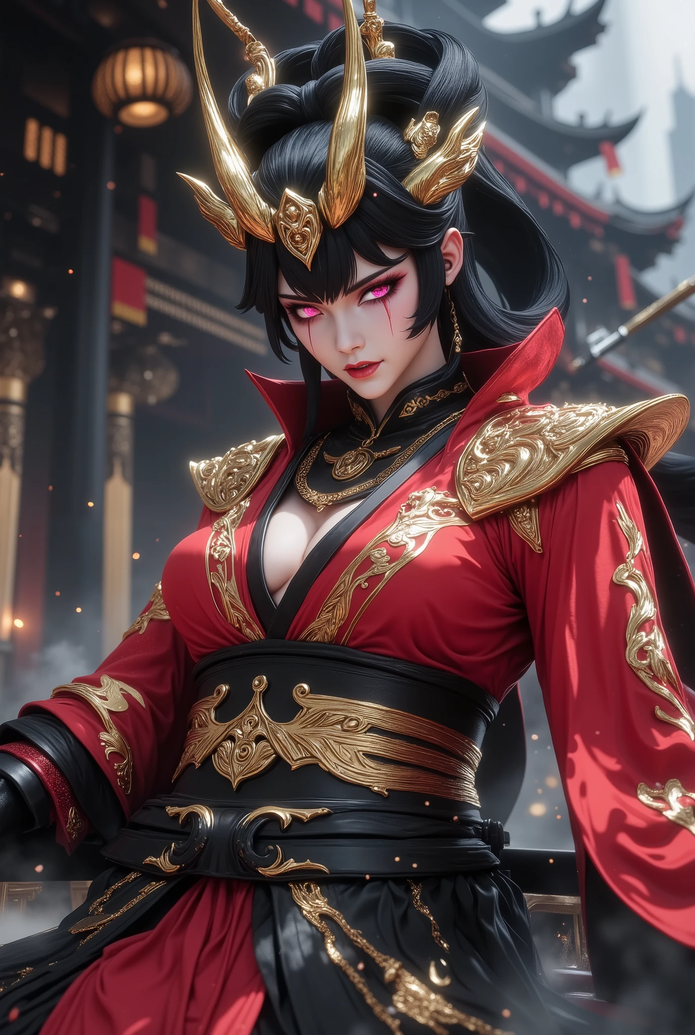  An oni girl with two horns , fierce in a traditional Japanese sitting position ,  wearing Chinese clothes ,  wielding a sword at the audience ,  emphasizing the perspective of the audience ,  a 3D rendering masterpiece with digital art techniques, Chinese house background ,  gold snake ornament , pallette color , Japanese art, masterpiece, red shirt with gold ornament , nine-tailed ,