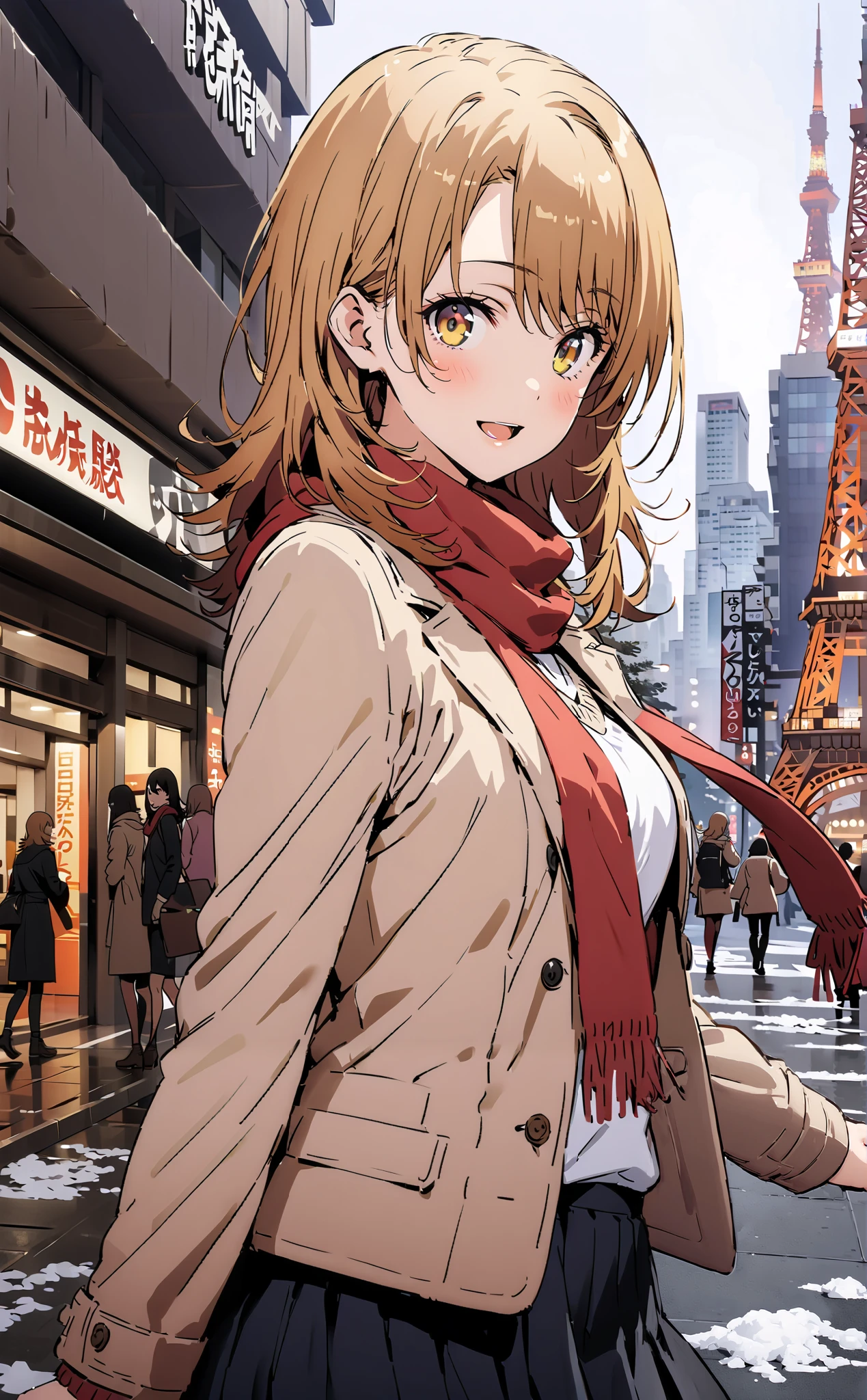 Irohaisshiki, Isshiki Iroha , long hair, brown hair, brown eyes,smile, open your mouth,,blush, White Breath,White Coat, sweater, red scarf,Black long skirt,boots snow, Tokyo Tower ,building, standing,whole bodyがイラストに入るように,
break outdoors, City,
break looking at viewer,whole body,
break ( Masterpiece:1.2), top quality , kampala, Unity 8k Wallpaper,(shape:0.8),( fine, beautiful eyes :1.6),It's a person ,whole body写真,CG Details , ( perfect hands, Complete Anatomy),