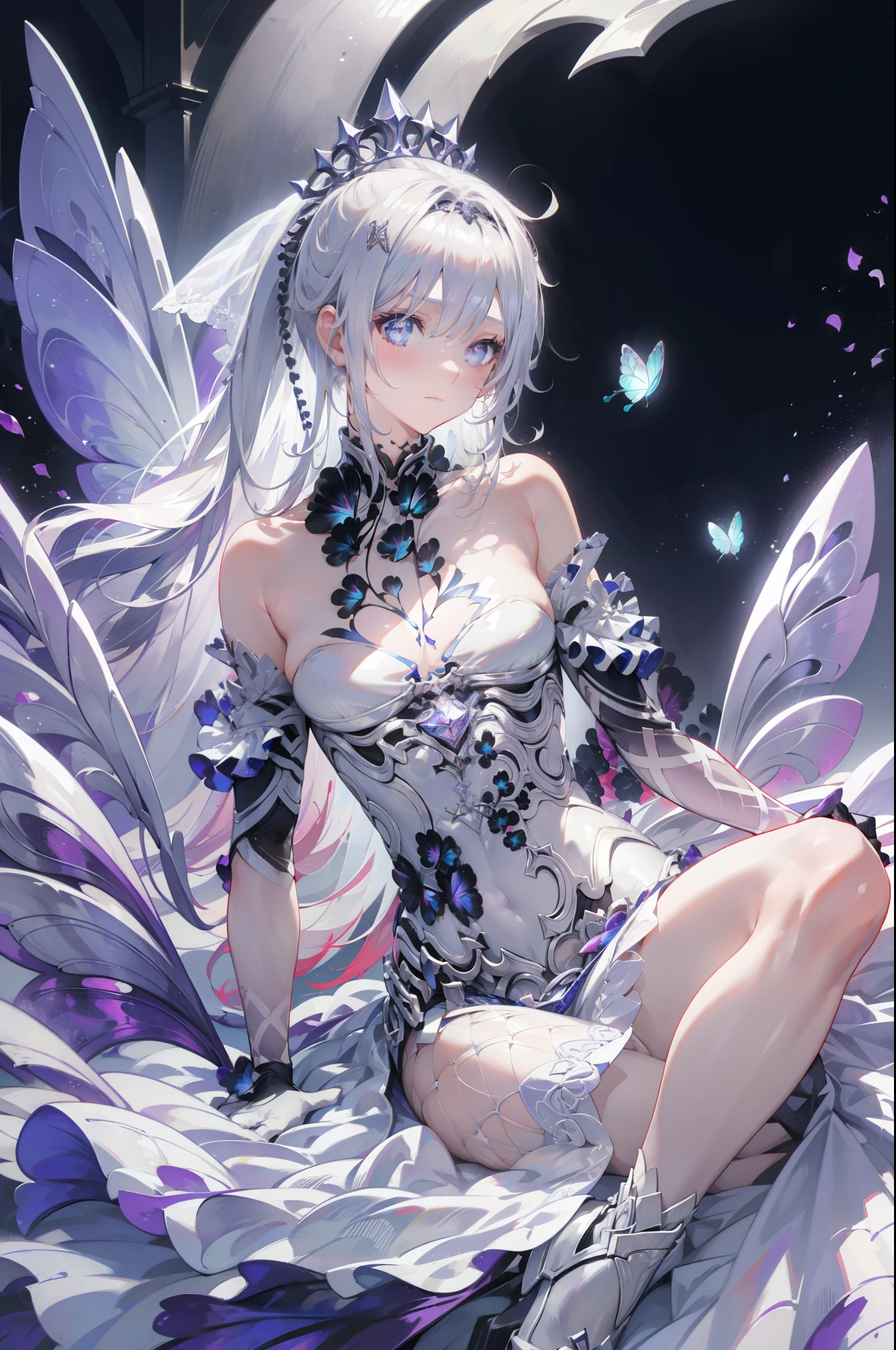 Silver Hair, Butterfly,White hair, white wedding dress, 8k wallpaper, detailed background, maximum resolution ,Deep V, hair covering one eye , strapless wedding dress ,Chis,White Rose,Tight, full body photo
