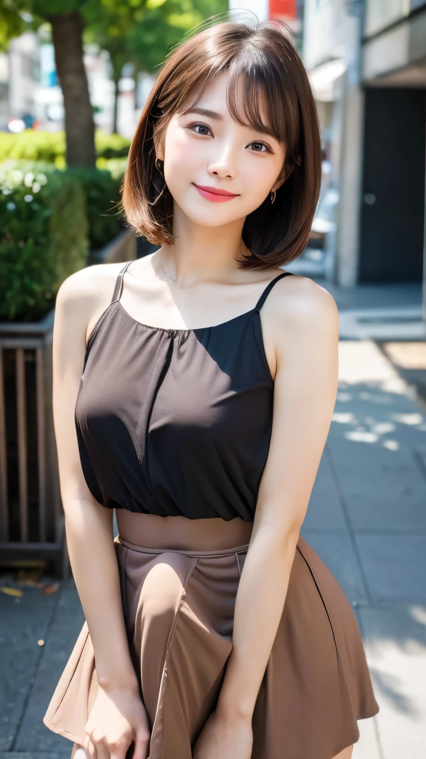 A cute young woman(age 20, Asian, not big boobs, bot big butt. Slim. Short hair) is giving off 'notice me senpai' when she sees viewer
