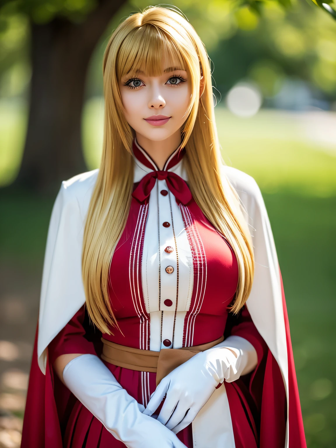 1girl, solo, (cute Japanese girl), hight school girl, Spender Body, Low Height, huge breasts, smile, Looking at camera,
break
wariza, Seductive pose, on the grass,
break
Professional photo-realistic images, (16k, RAW photo, best quality, masterpiece:1.2), (realistic, photo-realistic:1.4), (extremely detailed 8k wallpaper), sharp focus, depth of field, blur background, bokeh, cinematic lighting, soft light, High resolution 16k close-up of human skin,
break
kudelia aina bernstein, (purple eyes:1.1), (((very long hair, blonde hair, bangs, blunt bangs))),
break
gloves, dress, ((red dress, white gloves, capelet, gown, red gown)), apricot, black apricot,
