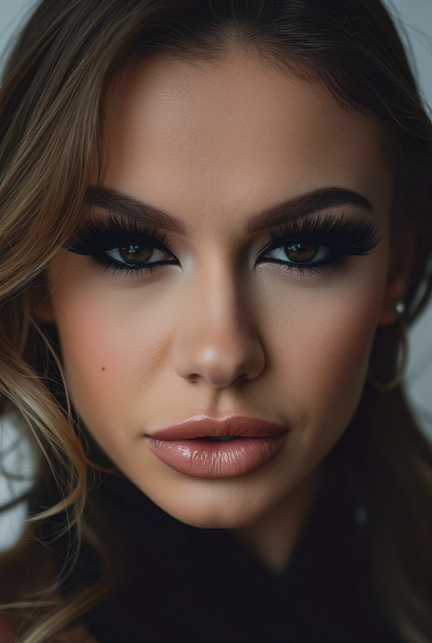 Huge eyelashes on a powerful and intimidating model,