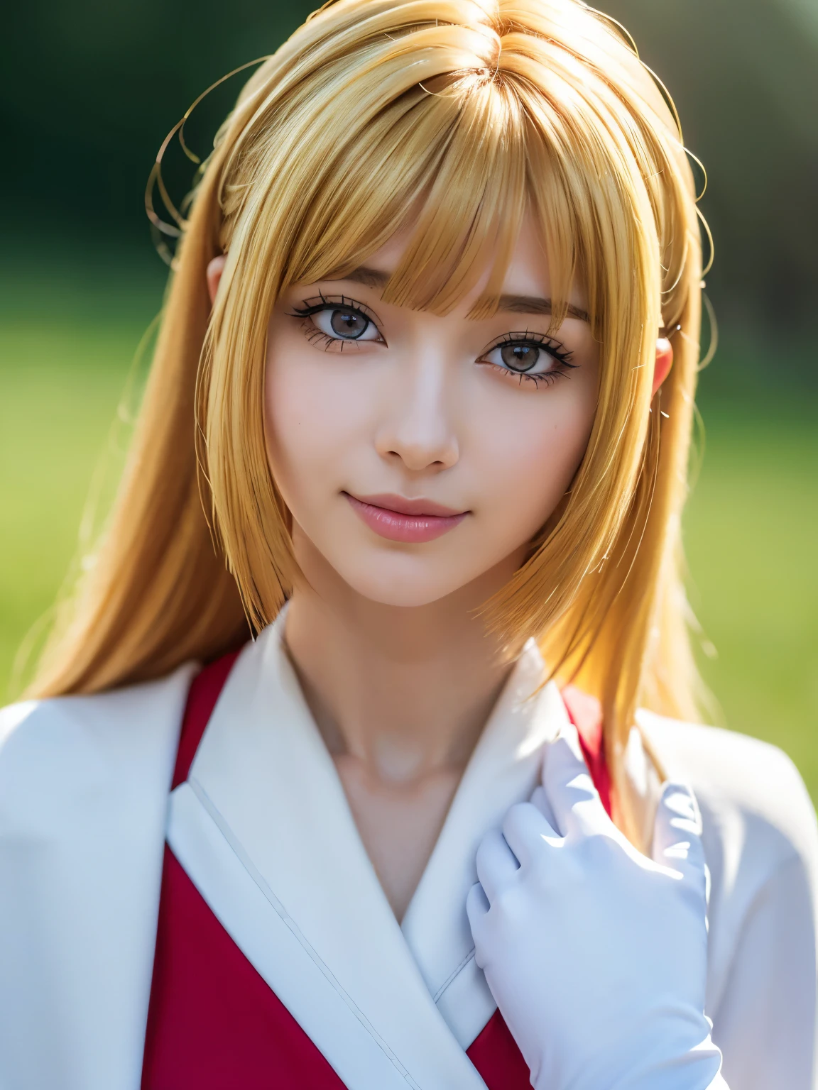 1girl, solo, (cute Japanese girl), hight school girl, Spender Body, Low Height, huge breasts, smile, Looking at camera,
break
wariza, Seductive pose, on the grass,
break
Professional photo-realistic images, (16k, RAW photo, best quality, masterpiece:1.2), (realistic, photo-realistic:1.4), (extremely detailed 8k wallpaper), sharp focus, depth of field, blur background, bokeh, cinematic lighting, soft light, High resolution 16k close-up of human skin,
break
kudelia aina bernstein, (purple eyes:1.1), (((very long hair, blonde hair, bangs, blunt bangs))),
break
gloves, dress, ((red dress, white gloves, capelet, gown, red gown)), apricot, black apricot,