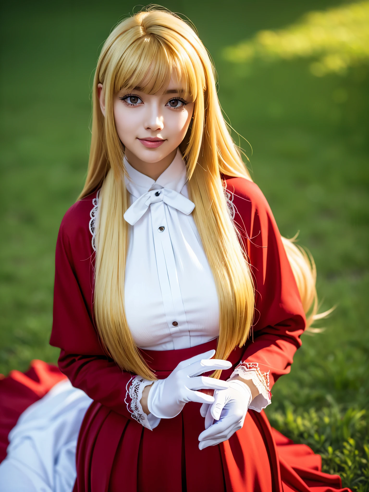 1girl, solo, (cute Japanese girl), hight school girl, Spender Body, Low Height, huge breasts, smile, Looking at camera,
break
wariza, Seductive pose, on the grass,
break
Professional photo-realistic images, (16k, RAW photo, best quality, masterpiece:1.2), (realistic, photo-realistic:1.4), (extremely detailed 8k wallpaper), sharp focus, depth of field, blur background, bokeh, cinematic lighting, soft light, High resolution 16k close-up of human skin,
break
kudelia aina bernstein, (purple eyes:1.1), (((very long hair, blonde hair, bangs, blunt bangs))),
break
gloves, dress, ((red dress, white gloves, capelet, gown, red gown)), apricot, black apricot,