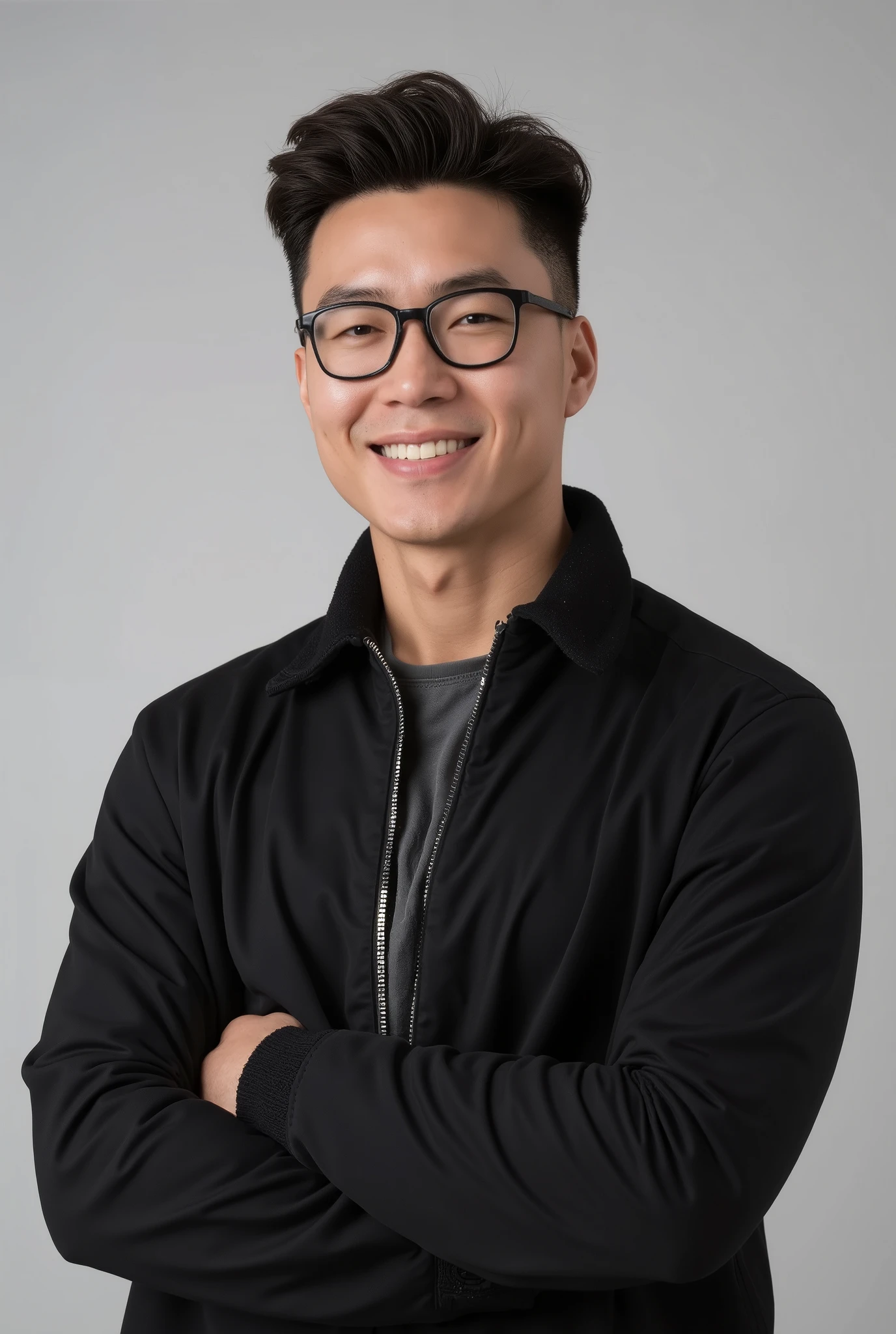 Photorealistic, an young asian guy, eyeglasses, neat hair, black bomber jacket, muscle, happy, handsome, full body, bright skin
