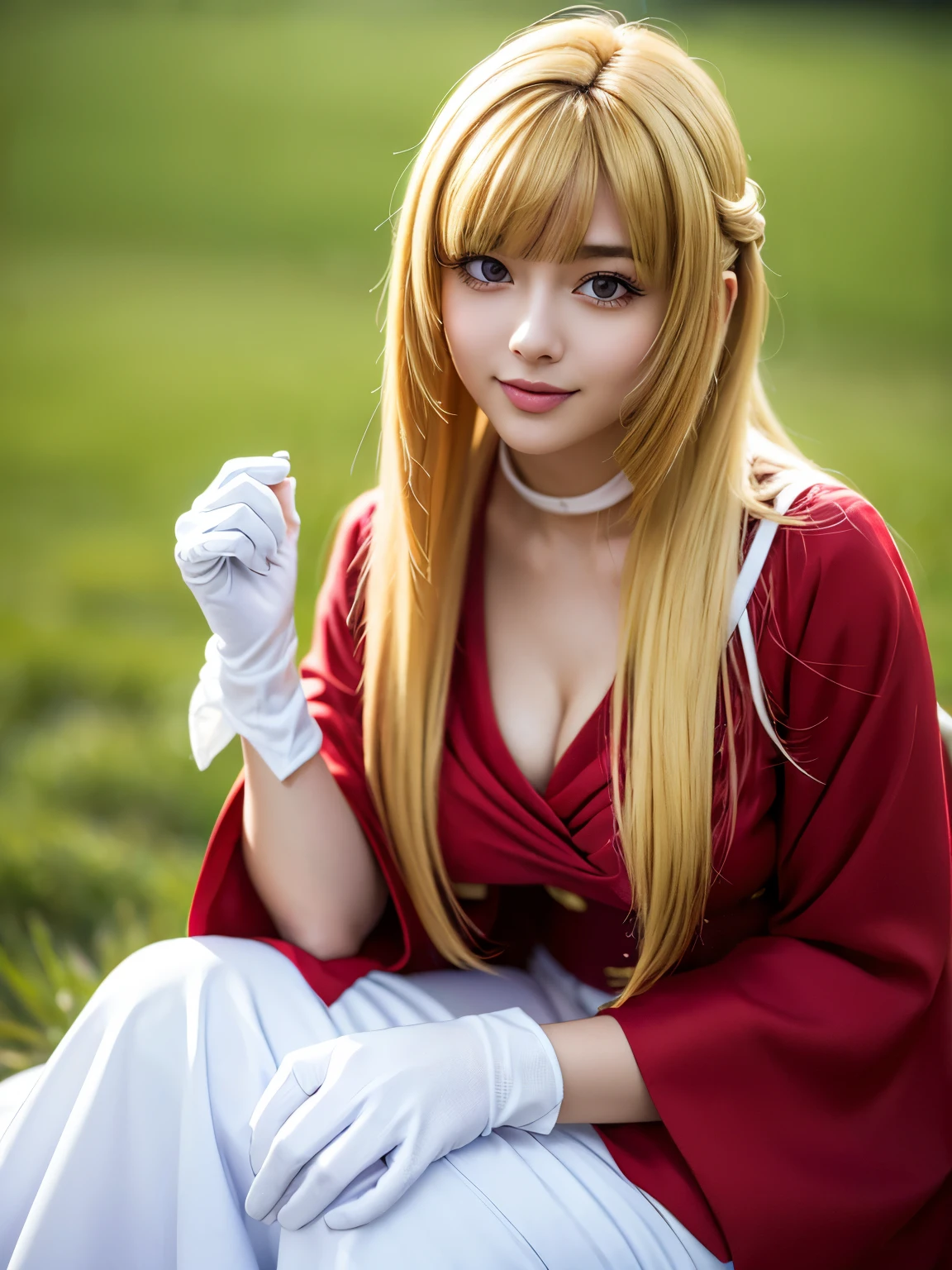1girl, solo, (cute Japanese girl), hight school girl, Spender Body, Low Height, huge breasts, smile, Looking at camera,
break
wariza, Seductive pose, on the grass,
break
Professional photo-realistic images, (16k, RAW photo, best quality, masterpiece:1.2), (realistic, photo-realistic:1.4), (extremely detailed 8k wallpaper), sharp focus, depth of field, blur background, bokeh, cinematic lighting, soft light, High resolution 16k close-up of human skin,
break
kudelia aina bernstein, (purple eyes:1.1), (((very long hair, blonde hair, bangs, blunt bangs))),
break
gloves, dress, ((red dress, white gloves, capelet, gown, red gown)), apricot, black apricot,
