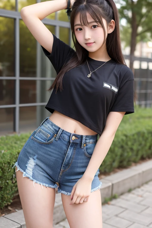 Extremely short, tight, and skinny denim shorts、Beautiful girl.,she is cute and beautiful like an idol.,She is pure and innocent.,She is wearing a T-shirt,High socks and sneakers.Japanese,Black short bob,A shy smile