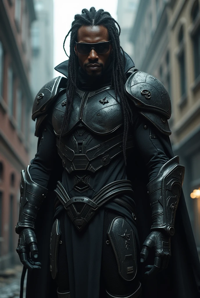 African American human vampire with dreads sunglasses with all black bullet and stab proof armor
