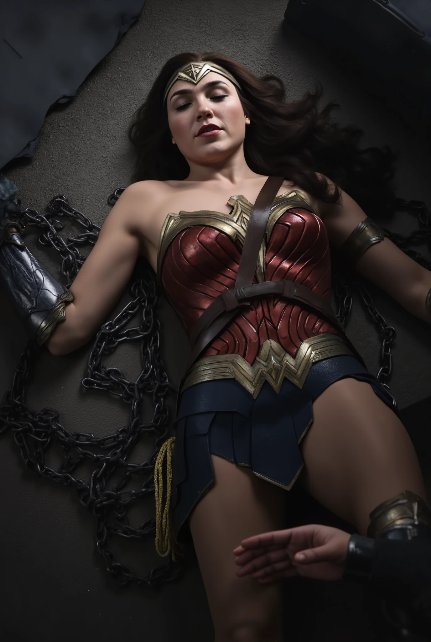 Gal Gadot is Wonder woman, a Wonder woman is crucifixion on the cross, a very beautiful face, very bright white skin, brown hair, she is unconsciousness, sleep, eyes close, never smile, bound arms to the cross by chain, a lot of chains bound tighten on her arms, painful face, Excruciating pain face, photorealistic, hyper realistic, whole body visible, in the night, in the Nazi underground prison,