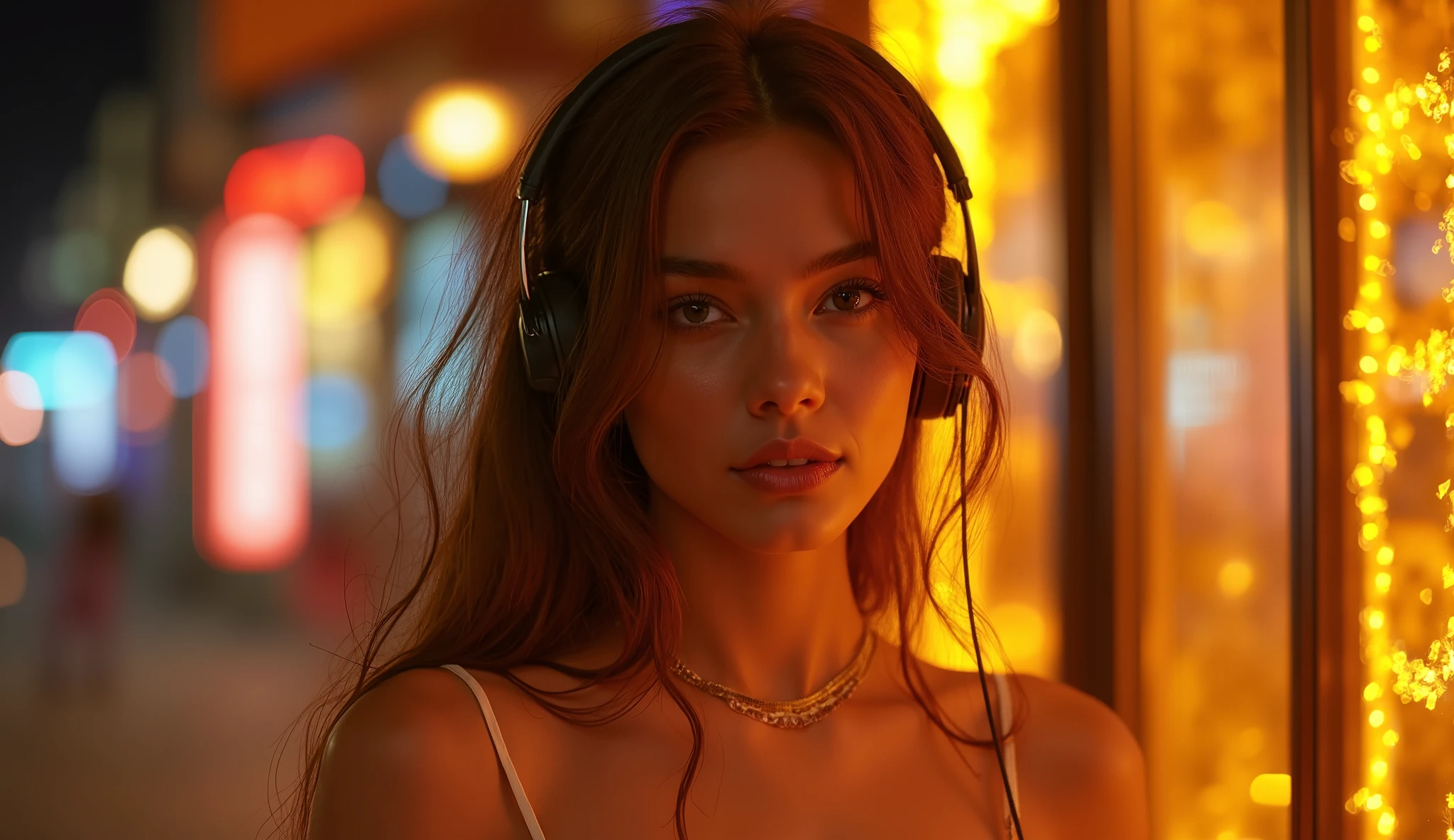 whole body、 beautiful collarbone 、The full moon shines beautifully、 Gold、ヘッドフォンをしているBeauty、The best photos for TikTok、Beauty、 dynamic angle、ヘッドフォンをしているBeauty、 night city background with neon lights