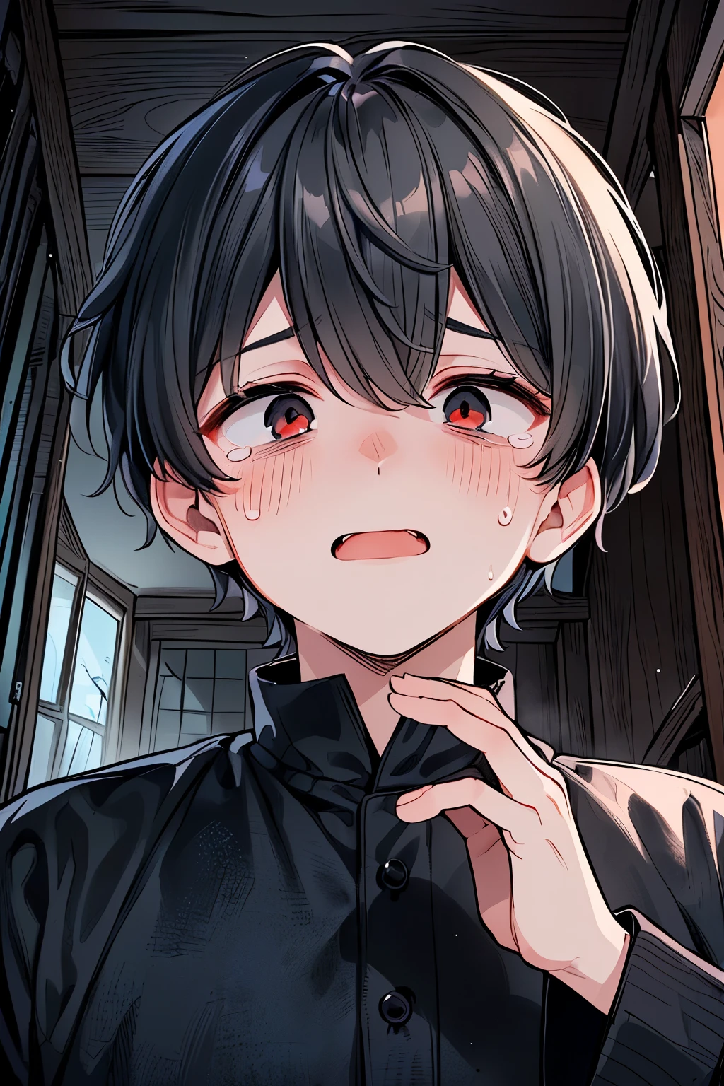((boy :1.3)),((handsome:1.2)),(( Adult Men:1.15)),(short hair:1.0),(Karl hair:1.1),(Black hair:1.15),((dark  skin body:1.0)),(Shameless:1.0),((Teary-eyed:1.15)),(I'm scared and shivering:1.2),(( inappropriate smile:1.1)),((looking away:1.3)),((eyes out of focus:1.1)),((dark circles:1.3)),((abandoned house:1.2)),((open mouth:1.1)),((Many hands a touching a face:1.3)),(vengeful spirit behind:1.2),(( Incension from Below:1.1))