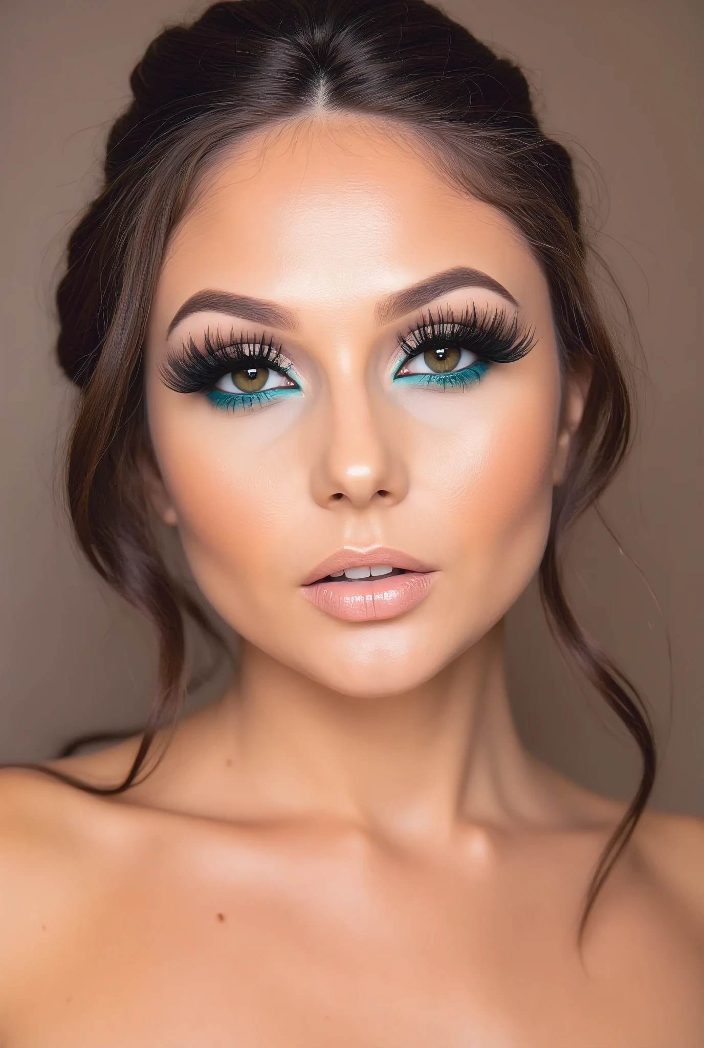 Ultra-realistic beauty portrait...with perfectly defined brows and dramatically enhanced eyelashes that create a luxurious, fanned-out effect. The lashes are expertly applied, appearing incredibly natural yet glamorous, with individual lash strands varying in length and thickness to create a beautiful, textured volume. Each lash is precisely placed, creating a dense, feathered effect that gradually lengthens towards the outer corners of the eyes, with the longest lashes sweeping outward in an elegant curve. The lashes are intensely black and glossy, with a slight curl that opens up the eyes and adds depth to the turquoise eyeshadow. The application technique creates multiple layers of lashes that appear both full and weightless, with immaculate separation between each lash that maintains a natural, albeit dramatic, appearance...
The makeup artistry is bold and editorial, with vibrant turquoise eyeshadow expertly applied in a dramatic wing shape, complemented by perfectly defined brows and long, sweeping lashes. The eyes are enhanced with precise liner work that extends the blue tones, creating an intense and captivating gaze. Her complexion is flawless with a luminous, porcelain-like quality, featuring subtle highlighting and a soft pink flush on the cheeks that adds warmth and dimension. The look is completed with glossy, hot pink lips that perfectly balance the bold eye makeup.
The lighting is soft and diffused, creating a dreamy atmosphere with subtle shadows that enhance the model's facial features. The background is a neutral taupe gradient that complements the pastel color story while maintaining focus on the subject. Shot with a high-end beauty photography setup, likely using a medium format camera with beauty dish lighting to capture every detail with crystal clarity. The image has a high-fashion magazine quality with professional retouching that maintains skin texture while perfecting the overall finish.
She smiles with plump lips. Lips are painted with b