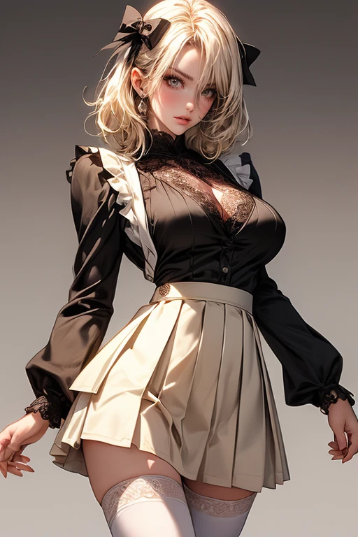 1Woman milf “"Giant breasts" + "large rear" + "wide hips" + " tiny waist" + "plump thighs" + "white eyes" + "Black eyeliner" + (("neutral expression")) + "medium short hair white color Hair" + "Red Lips" + "Lucious Lips"”)}, {“Outfit”: Black Gothic Lolita style dress, black shoes, gothic accessories, Gothic black makeup, Doll joints}).