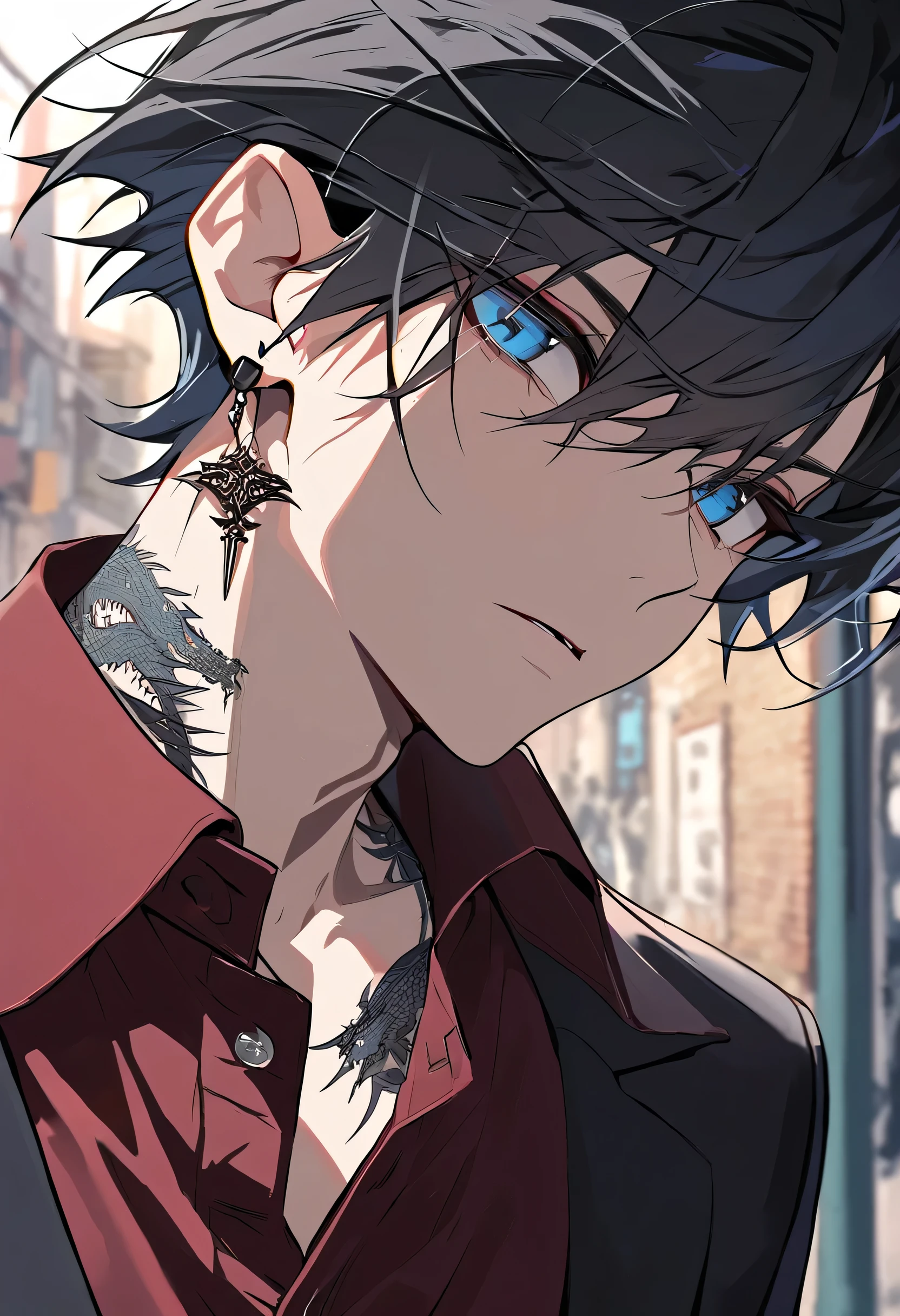 Male + black hair + blue eyes + black blazer (unbuttoned) + red dress shirt + dragon tattoo on neck + black earrings + solo + streets background + close up shot