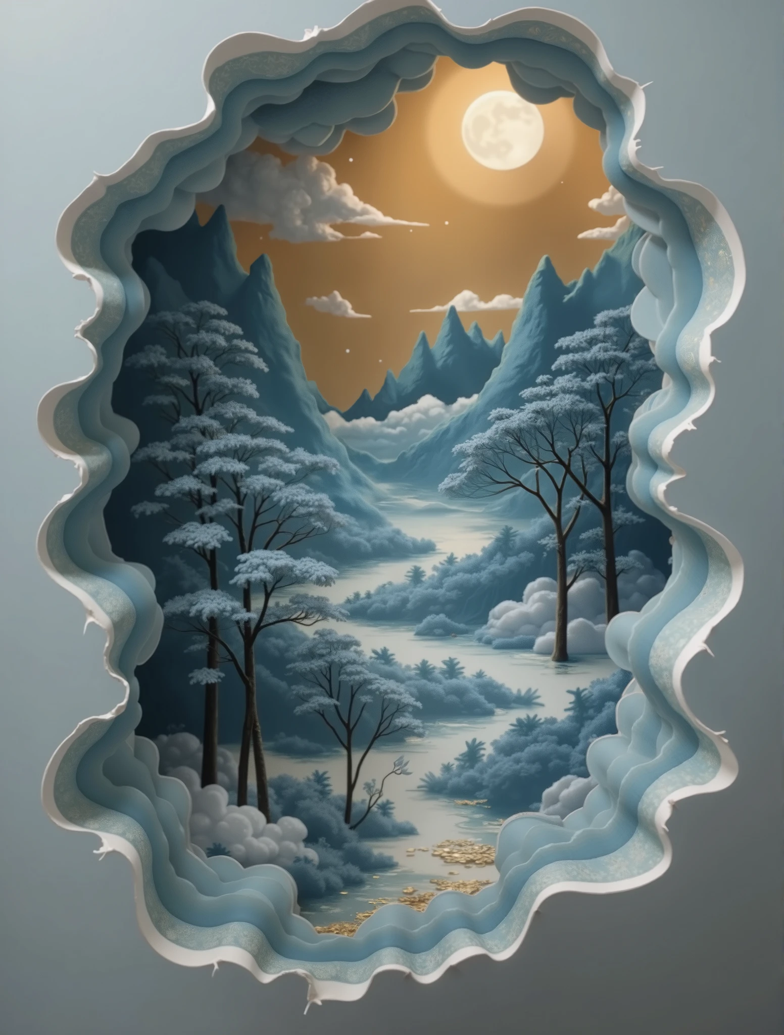 Multi-layer paper art landscape , openwork paper-cutting art ,Guofeng paper carving art ,Snow mountains and forests, beautiful and quiet night ,Mountain and Sea Ruri , Mountain and Sea Secret Volume , radiating a golden glow ,Clouds and fog surround ,Multi-level , ancient mountain ink texture ,Zen,Oriental aesthetic scene,Light particle effects,Light painting rendering , noble, gorgeous, auspicious and festive style , Elegant artistic atmosphere ,Fantasy,Clear texture,Flow,Fairy tale fantasy,Deep View,Gilt texture,Sprinkle gold,Particle art, super control map , HD Wallpaper, Amazing wallpapers, very 美丽的 digital art, 美丽的 digital art, Mobile Wallpaper, beautiful 精美的 digital art, Mobile Wallpaper, 精美的 digital art, trending wallpaper, The picture needs to have a strong contrast between light and dark colors, digital art,Large game CG scenes,Light painting rendering , telephoto lens ,Electronic optical fiber , Splash Art , extreme details, professional photography technology and high-definition camera creation ,Miniature Landscape、 miniature sculpture 、Exquisite paper-cutting effect, Detailed brushstroke art style