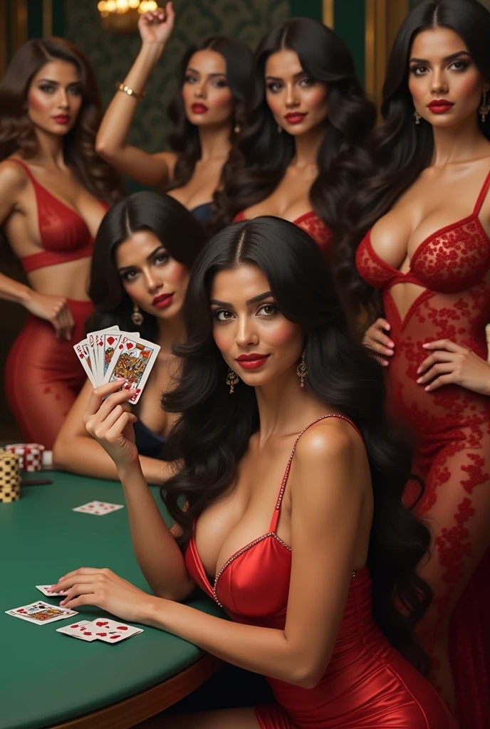 Women without army vest shirts, with the roller print,  diamond chain, Rolex, tattooed, in a custom roulette-themed room, roulette course medals and certificate on the wall, they looking at 125 inch tv 