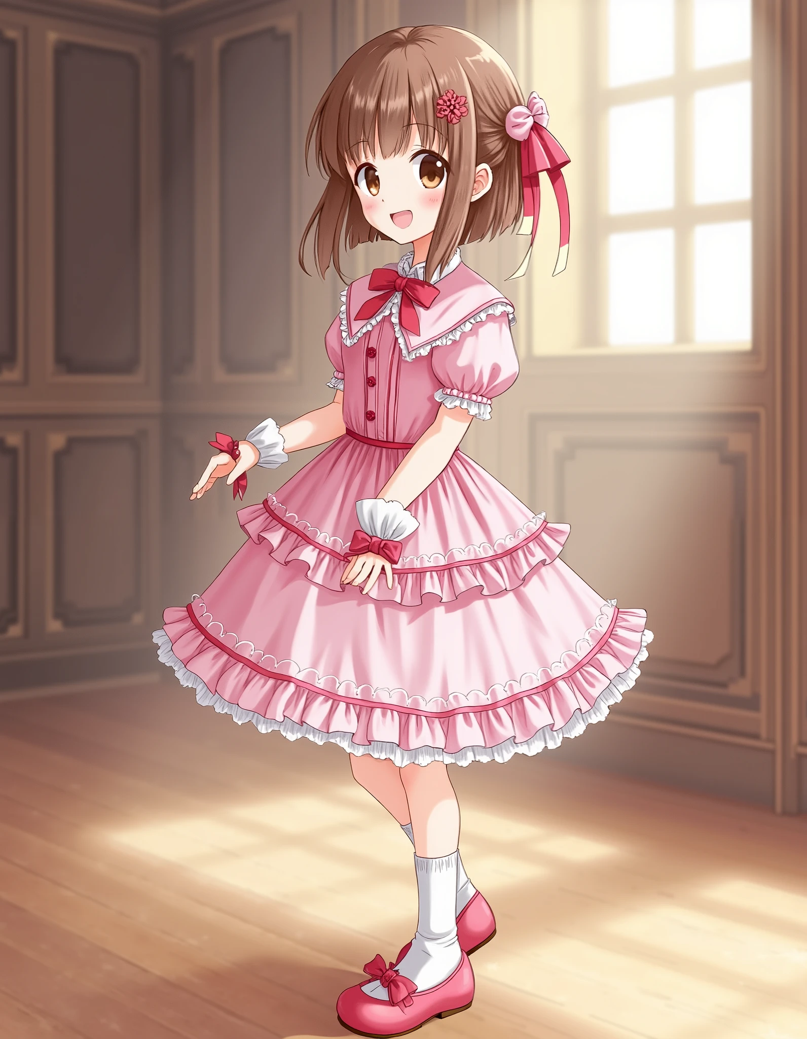 Hd, (girl:1.2) (slender body) (thin body), smile, happy, masterpiece, best quality, highres,2d, anime, 1girl, long hair, one side up, solo, brown hair, bobcut ,hair ribbon, brown eyes,  cowboy shot,princess dress, princess Costume, victorian dress, colorful princess dress, luxury dress,bowtie, smile, frilled dress, flat breasts,  happy and confident expression. full body, (ch1ldren playing), short girl, cute girl, (loli:1), (ch1ldren:1.2),  thin legs, flat chest, flat breasts. (happy, smile, cheerful), Standing, frilly dress, white socks, pink shoes, bowtie, standing, indoor, castle