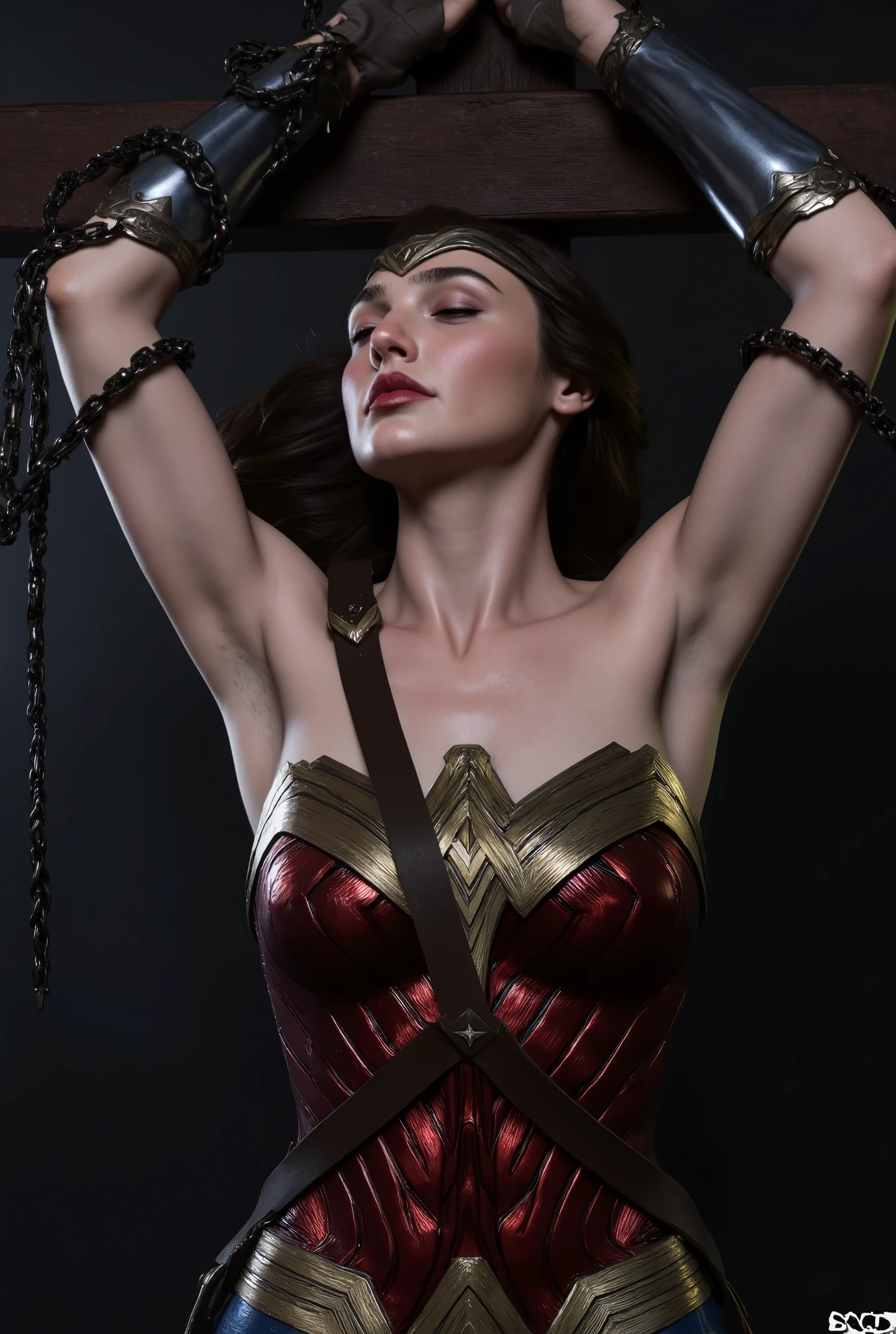 Gal Gadot is Wonder woman, a Wonder woman is crucifixion on the cross, a very beautiful face, very bright white skin, brown hair, she is unconsciousness, sleep, eyes close, never smile, bound arms to the cross by chain, a lot of chains bound tighten on her arms, painful face, Excruciating pain face, photorealistic, hyper realistic, whole body visible, in the night, in the Nazi underground prison,