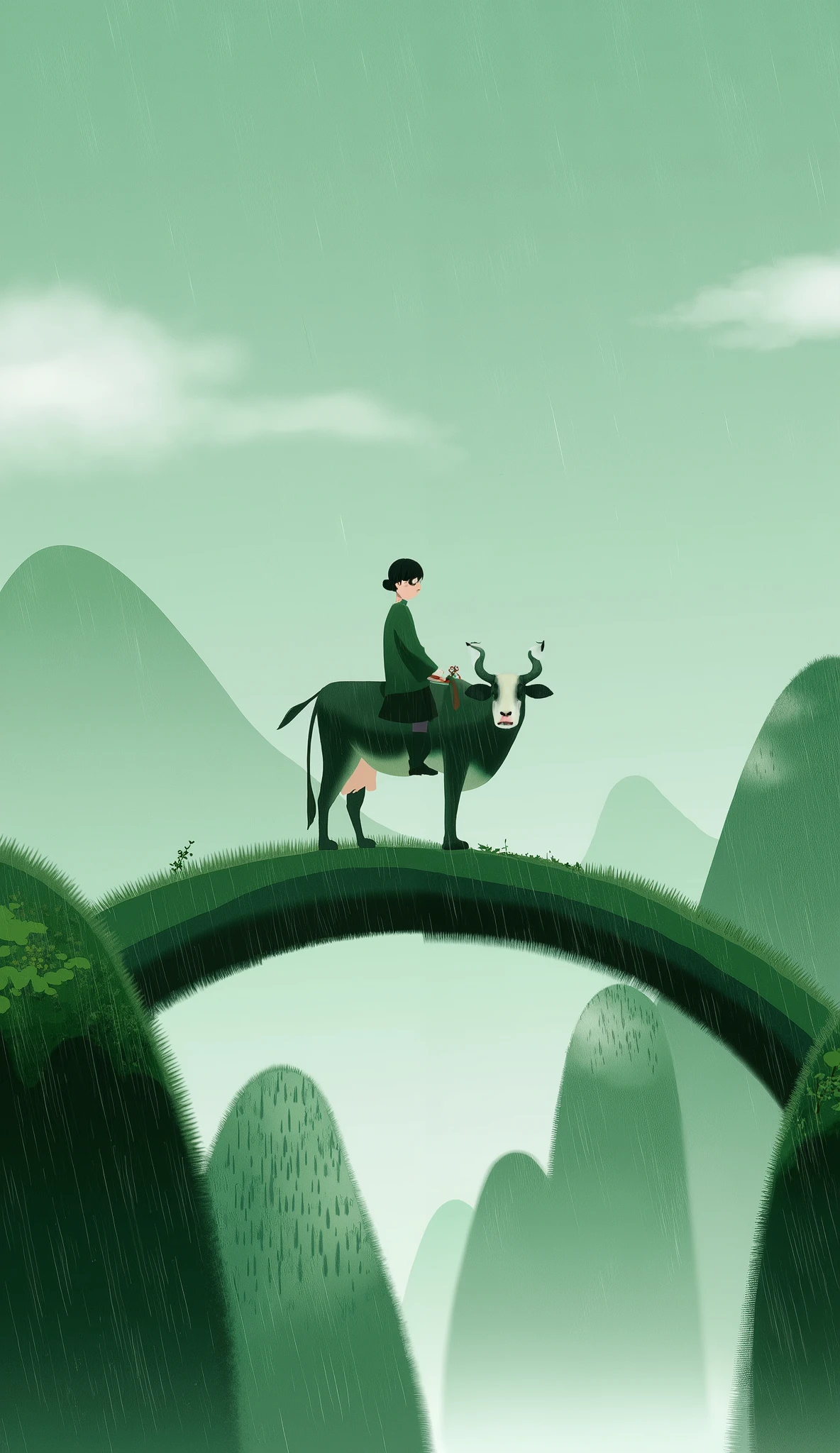 spring,Ching Ming Festival, The background is a green mountain,It's drizzling,Male shepherd riding a cow on a small bridge,Medium shot. Hayao Miyazaki, Hayao Miyazaki电影, анимационный Hayao Miyazaki电影, Studio Ghibli Sunshine, Studio Ghibli Aesthetics , Hayao Miyazaki Style, Studio Ghibli and Makoto Shinkai