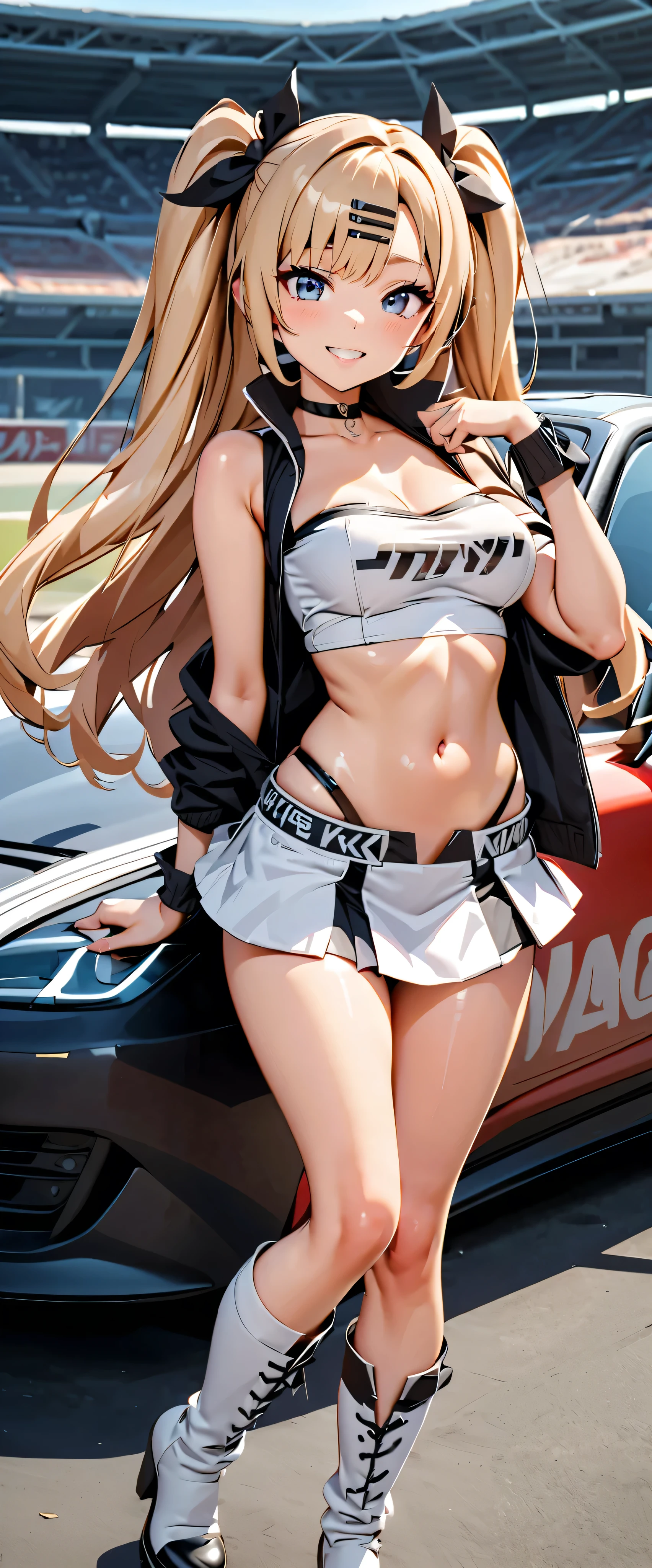 top quality, ultra high resolution, One person, small breasts, Black Choker, smile, exposes shoulders, focus only , Watch Viewers,Fair skin,Car racing track, photon mapping to viewers, physics-based rendering , RAW photos , Highly Detailed Background, K-pop Idol , depth of field, hair ornament, detailed face,輝く肌, game cg,whole body, shiny micro mini skirt ,shiny micro tube top,shiny knee-high long boots, Race Queen,Big Breasts, cute pose , sports car,Hold a jacket in your hand ,Gloss Lip