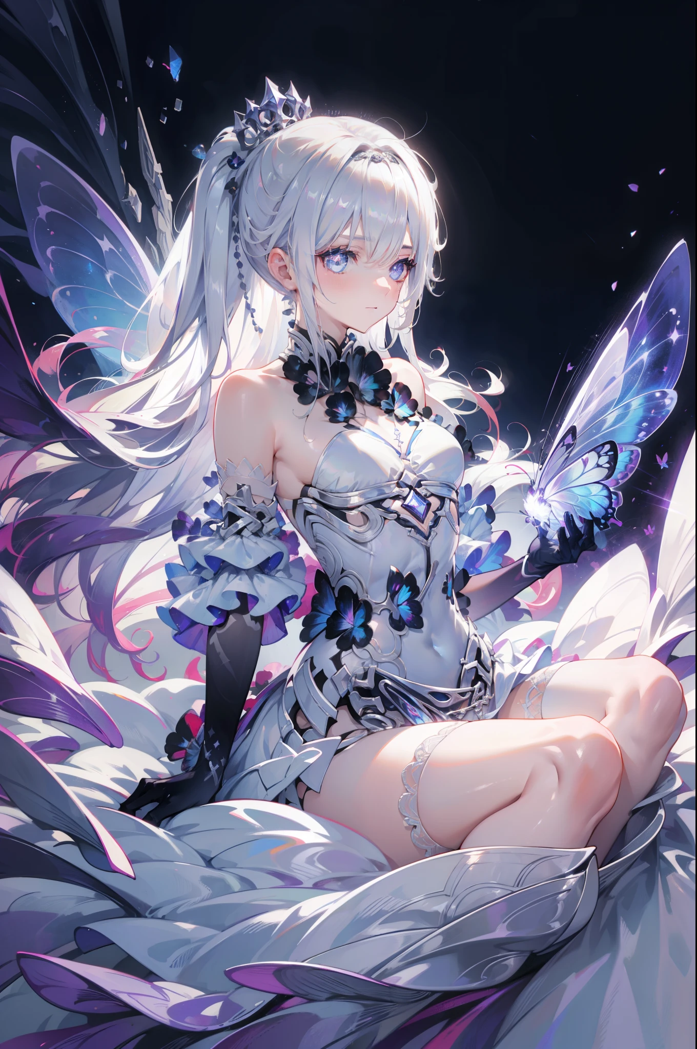 Silver Hair, Butterfly,White hair, white wedding dress, 8k wallpaper, detailed background, maximum resolution ,Deep V, hair covering one eye , strapless wedding dress ,Chis,White Rose,Tight, full body photo