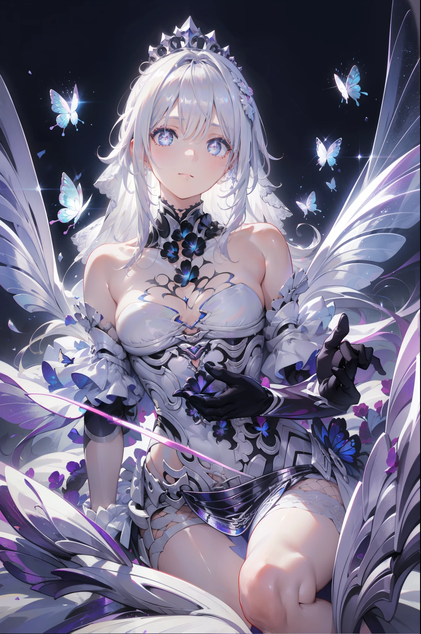 Silver Hair, Butterfly,White hair, white wedding dress, 8k wallpaper, detailed background, maximum resolution ,Deep V, hair covering one eye , strapless wedding dress ,Chis,White Rose,Tight, full body photo