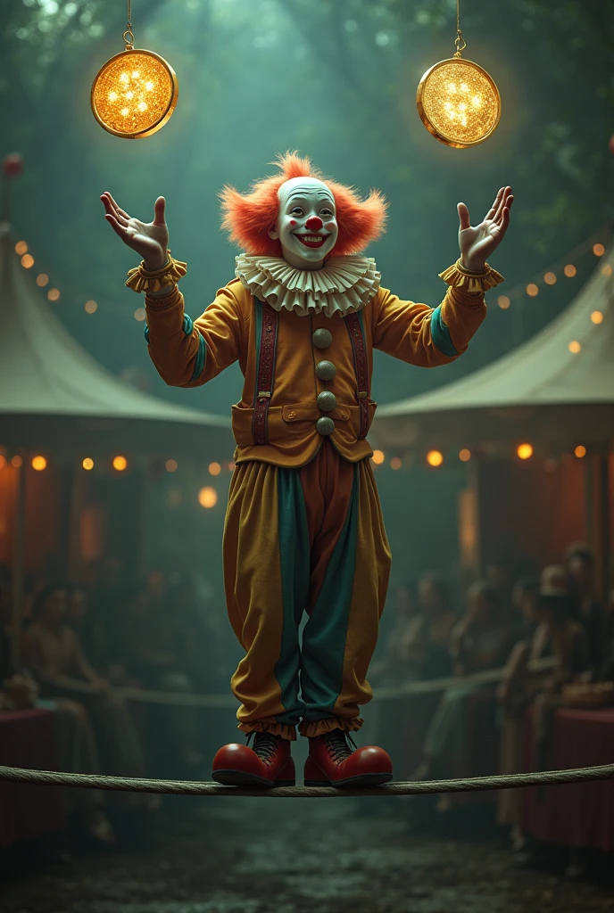 Best quality, masterpiece, clown, fancy dress, fancy circus stage background, spinning 3 balls, detailed image texture, grotesque, horror, creepy atmosphere (not AI image), foggy, fancy stage lighting