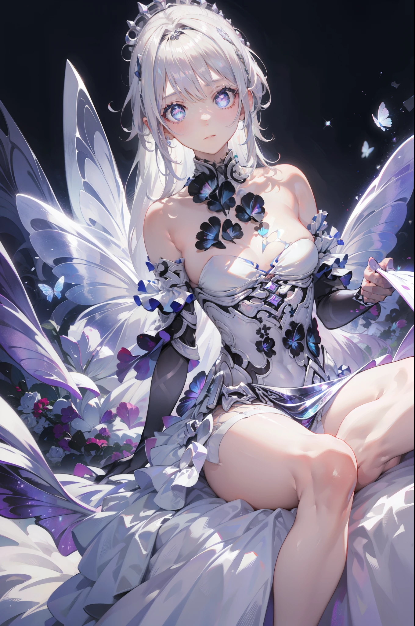 1girl, solo, breasts, looking at viewer, blush, short hair, open mouth, bangs, blue eyes, large breasts, hair ornament, navel, cleavage, bare shoulders, jewelry, ahoge, white hair, wings, leotard, clothing cutout, thigh strap, feet out of frame, cameltoe, thigh gap, crossed arms, bug, butterfly, fairy, navel cutout, butterfly wings, blue butterfly,