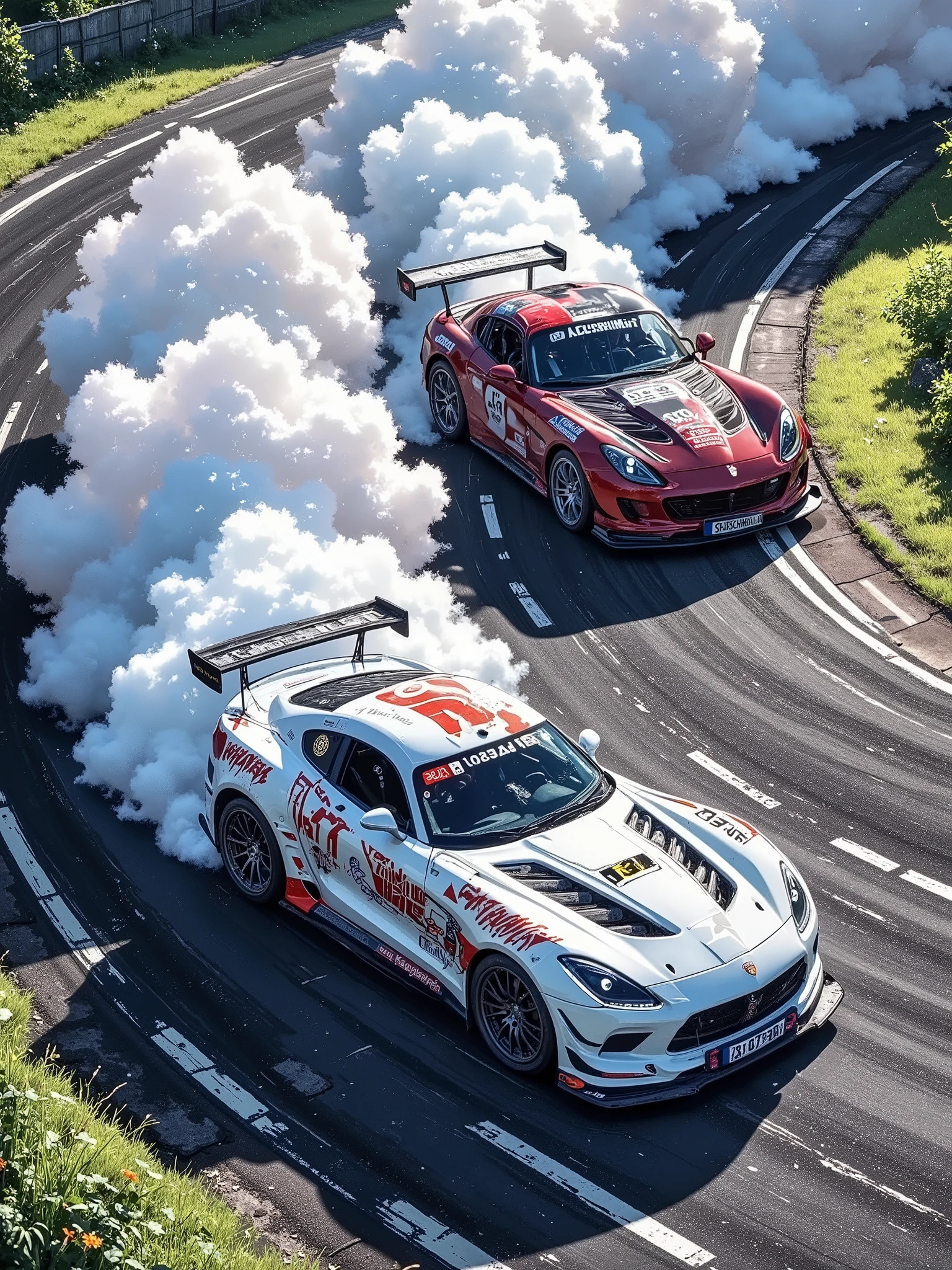 Two modified sports cars are drifting on a dark, textured track. Thick plumes of white smoke billow from the cars' exhausts. The cars are positioned in the mid-ground, slightly angled to the right, and are in motion. They are mostly white and black with red and other color graphic designs on the body. The cars' tires are visible, and their details suggest a high level of customization. The track surface is dark gray and shows tire marks from the drifting. A significant amount of smoke is in the foreground, with the cars in the mid-ground. The background shows patches of green vegetation, creating a contrast with the dark track. The lighting in the image is strong, highlighting the cars and smoke. The overall impression is of speed, action, and a high-performance motorsport scene. The composition is dynamic, with the action-packed scene filling the frame. The perspective is high above the track, giving a bird's-eye view. The colors are bold and dramatic, using white, black, red, and gray effectively. The atmosphere is intense and exhilarating.