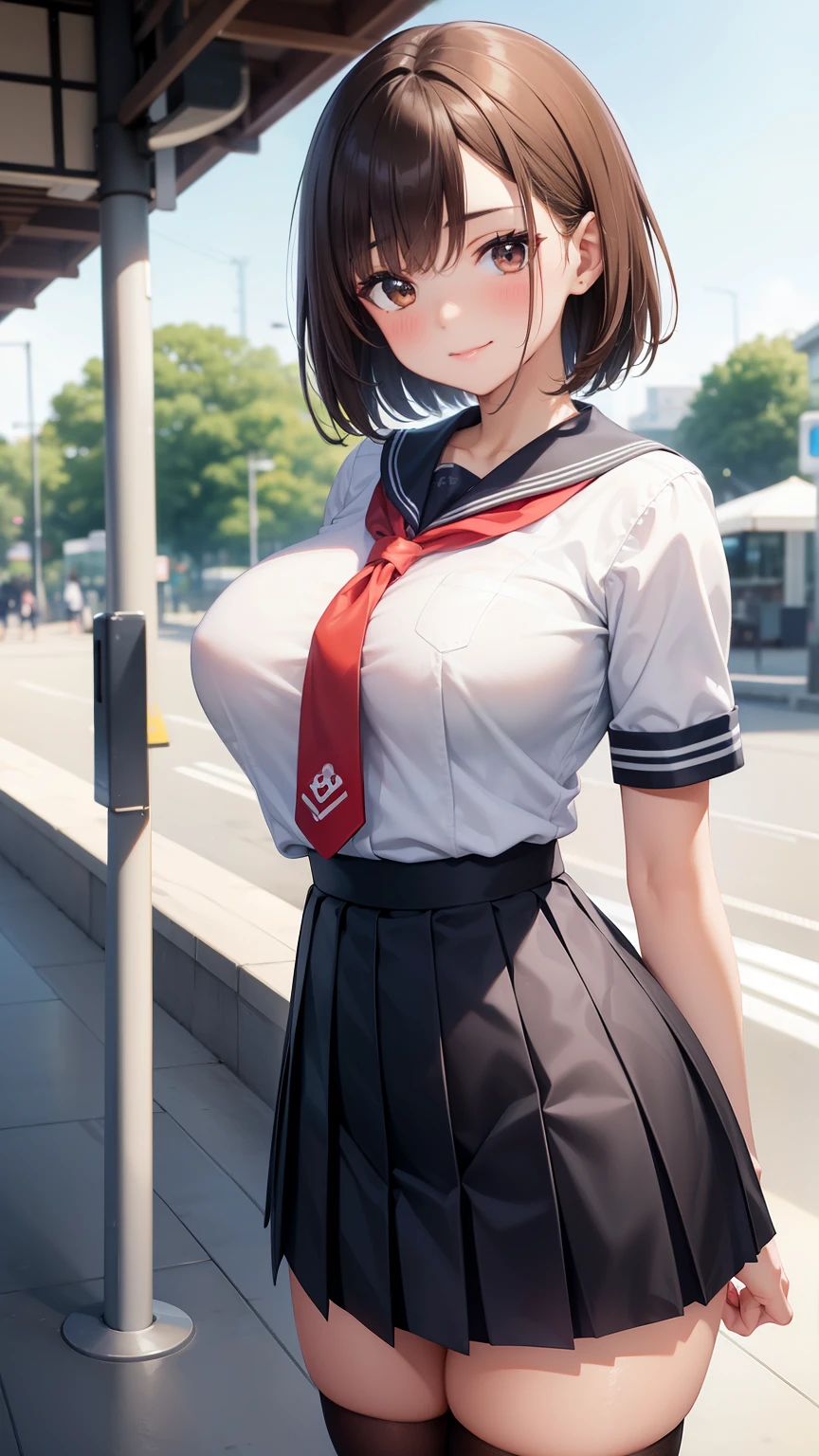 (8K、Highest quality、highest quality、masterpiece)、Detailed face、One girl、((ガラスに胸を押し付ける1.4))、、short hair、、blunt bangs、Grey Eyes、、、((Blazer jacket uniform))、((Pleated skirt))、((No panties))、((bent over))、Back Alley Background、Very large breasts、Nipples are visible、、Black Pantyhose、Milk dripping from nippleilk spurting from the nipple、、Open your mouth、Troubled face、Love juice from the genitals、Full body portrait、Walking around the city、One man、Hearts in the eyes、Sex with a man