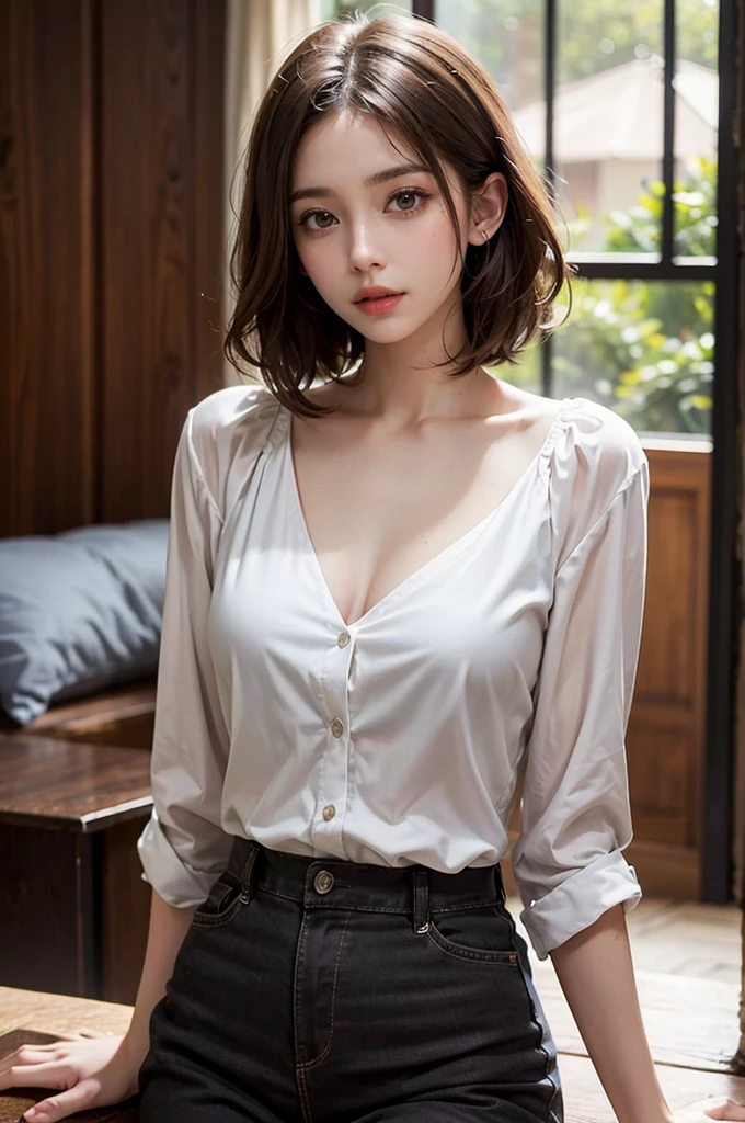 a woman standing next to a wooden table in a room with chairs and tables in it, wearing a white blouse and jeans, natural skin texture, 4k textures, soft cinematic light, intricate details, elegant, highly detailed, sharp focus, soothing tones, exposure blend, hdr, faded, hyperdetailed, backlighting, 85mm, close-up, best quality, (photorealistic:1.2), (cinematic look), blonde, green eyes, bob hair, 1girl, glowing skin, blush, upturned eyes, cleavage, Standing with hands in pockets