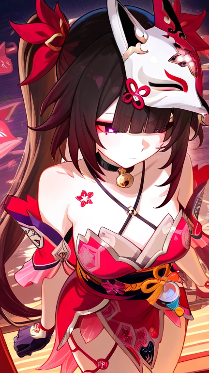 masterpiece, best quality, very aesthetic, 1girl, sparkle_\(honkai:_star_rail\), fox_mask, bare_shoulders, red_dress, mask_on_head, neck_bell, black_choker, absurdres, criss-cross_halter, black_gloves, standing pose