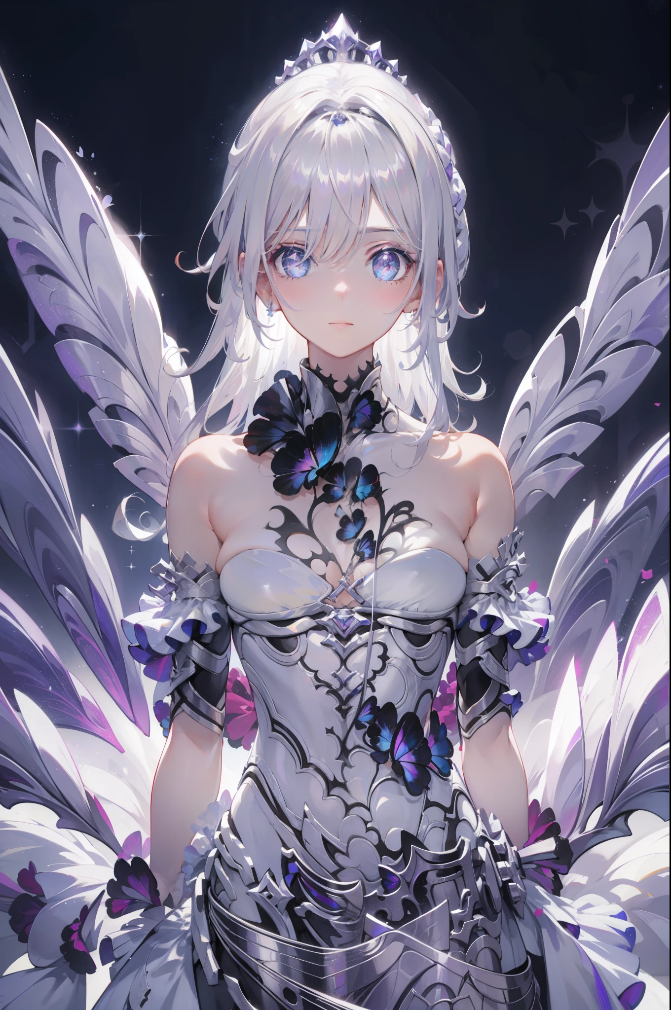 Silver Hair, Butterfly,White hair, white wedding dress, 8k wallpaper, detailed background, maximum resolution ,Deep V, hair covering one eye , strapless wedding dress ,Chis,White Rose,Tight, full body photo