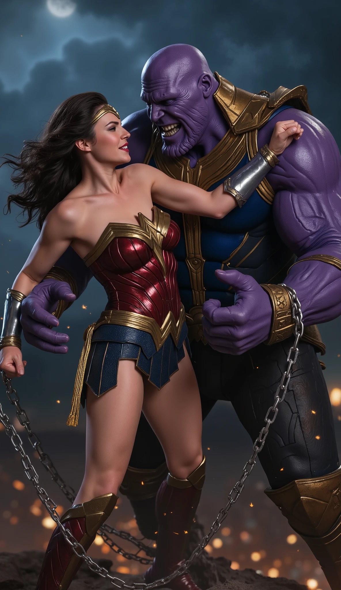 Gal Gadot is Wonder woman, fighting with the Thanos, a very beautiful Gal Gadot face, very bright white skin, brown hair, a huge body Thanos is bearhugging Wonder woman, painful face, she is screaming in pain, Wonder woman is trying to push him out, she bend down, Thanos severely bondage Wonder woman with a chain from behind of wonder woman, he push his penis into her vagina, photorealistic, hyper realistic, whole body visible, in the night, ancient myth war, whole body,